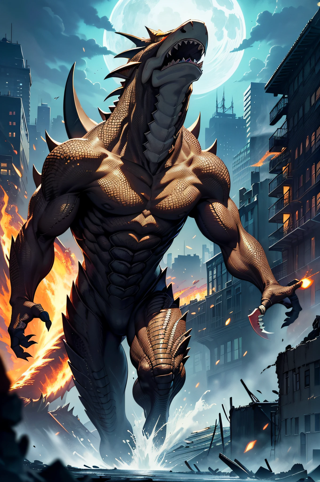 [Detailed illustration, very detailed and detailed drawing],((Destroyed building) Manhattan background at night (Great Fire)),((Brown KAIJU) (Reptile)),[Small head (glowing eyes) Thick strong neck] Strong thighs (short arms) ((Long and strong tail)), ((Theropod) Bipod walking in a forward leaning position) [Two large horns on the head],(Dorsal fin like a sword dragon (skin like a rock face) Raised sharp scales ((Shark Fang)) (Eagle's Claw)) ((Sabretooth)) ((EDGE)),(Magma energy in the body),((Lightning in the sky)). [Ultra-precision detail,High Quality,High resolution,((Multilayer texture))],((Visual art that conveys narrative)).