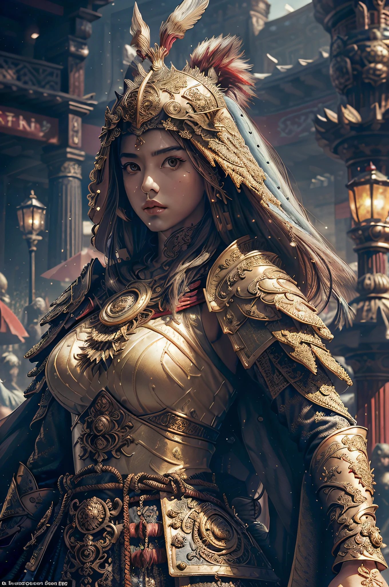 ((Masterpiece))), ((Best Quality)), ((Ultra Detailed)), (Surreal), (Highly Detailed CG Illustration), Cinematic Light, Realistic, Very Beautiful Young Lady, Sexy, Big Breasts, Light Makeup,, Intricate Details EABA, Red Cloak, Spear