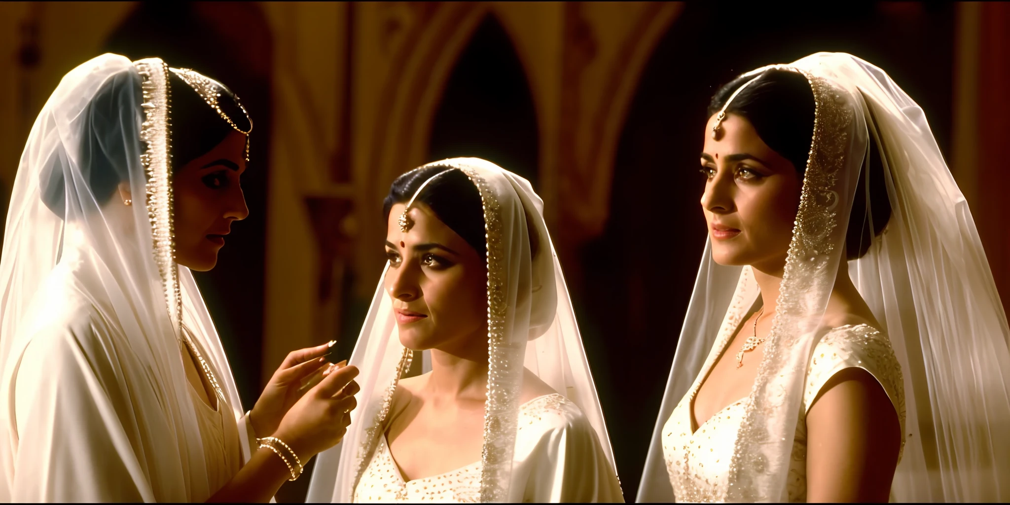 bride putting a veil on her bride's head in a wedding, still from a terence malik film, still shot from movie, still from the movie, still from a fantasy movie, screenshot from a movie, still frame from a movie, still from movie, film still from the movie, shot from movie, still from a movie, cinematic close shot, still from the film