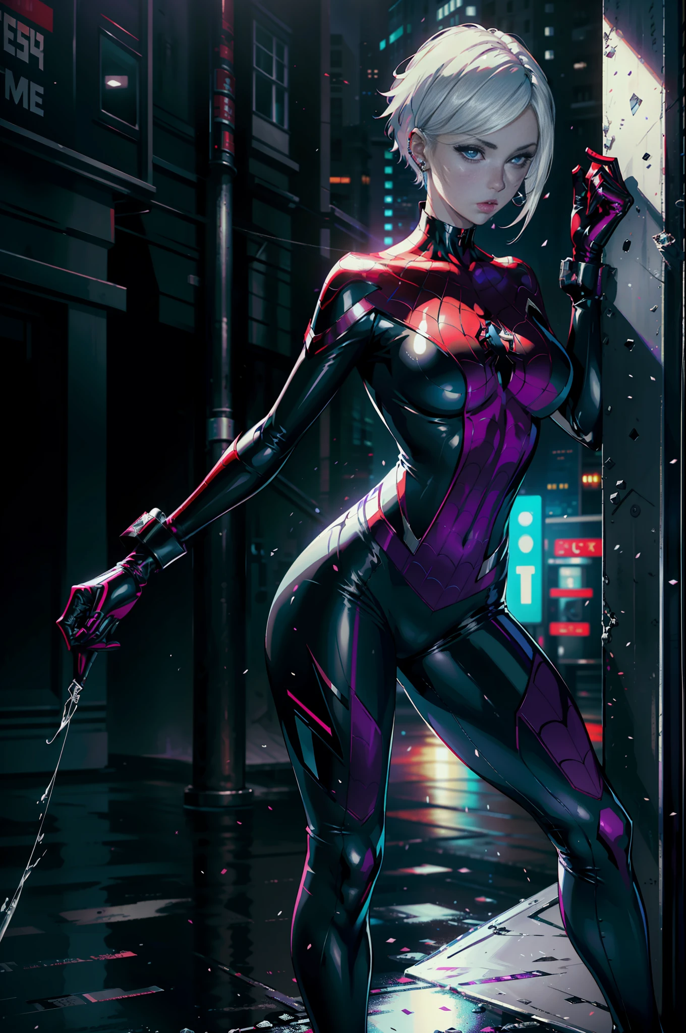 full body picture Unreal Engine 5 8K UHD of beautiful women, white short hair, wearing black white tight futuristic latex Spider Woman cosplay, latex glove, wearing purple glass, earring, lips piercing, modern city, best quality, masterpiece, 8K UHD wallpaper