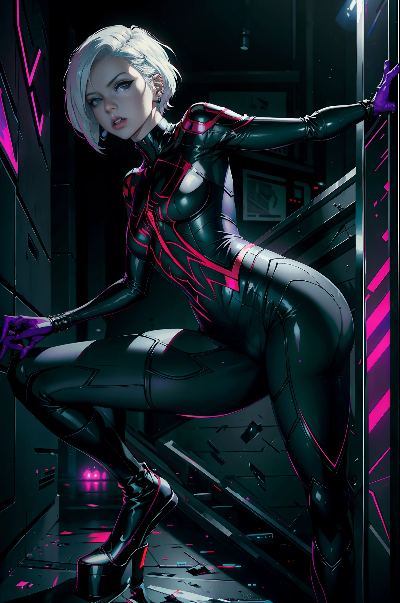 full body picture Unreal Engine 5 8K UHD of beautiful women, white short hair, wearing black white tight futuristic latex Spider Woman cosplay, latex glove, wearing purple glass, earring, lips piercing, modern city, best quality, masterpiece, 8K UHD wallpaper