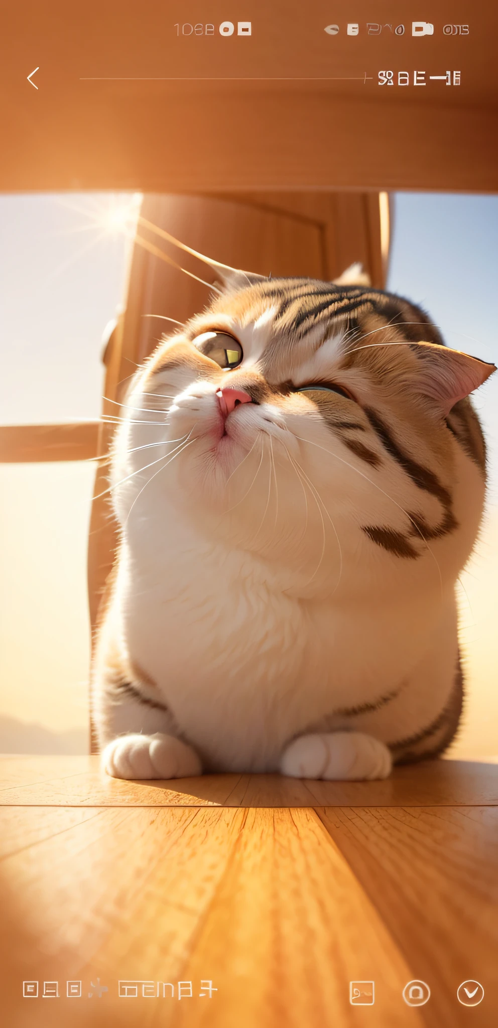 This Prompt already contains the theme and style description of the image, so only simple optimizations are required:
(1 grinning furry cat holding a camera, round cheeks, cute silly face), on the table, smiling brightly, belly plump and shaky, comfortable and soft background, sunny, lively and full of happiness.