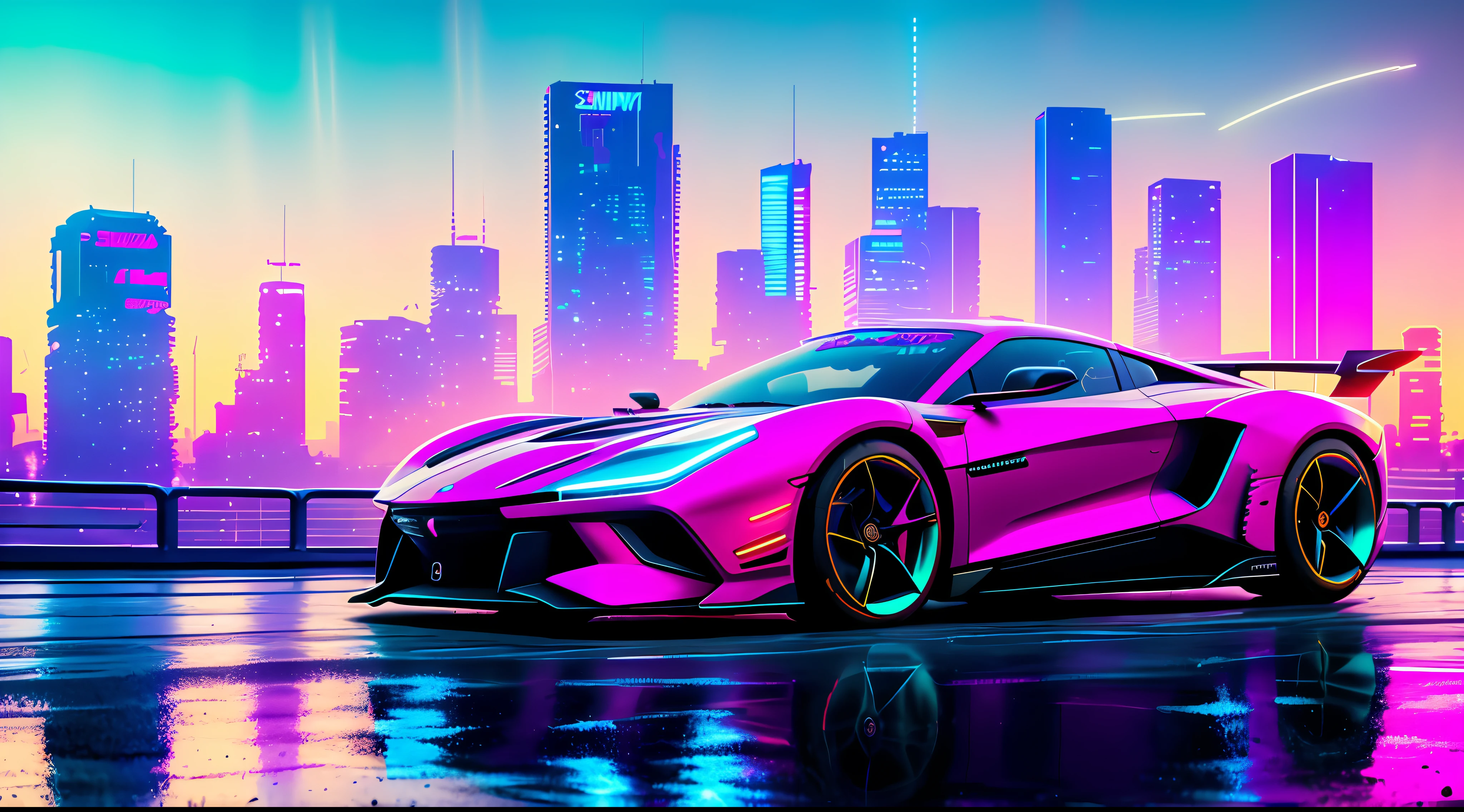 swpunk, synthwave, paint splatters, (extremely detailed 8k wallpaper), a medium shot photo of a futuristic concept car parked in an elaborate cyberpunk city, ray tracing, detailed reflections, Intricate, High Detail, dramatic, best quality masterpiece, photorealistic, detailed, 8k, HDR, backlighting, bloom, light sparkles, chromatic aberration, sharp focus