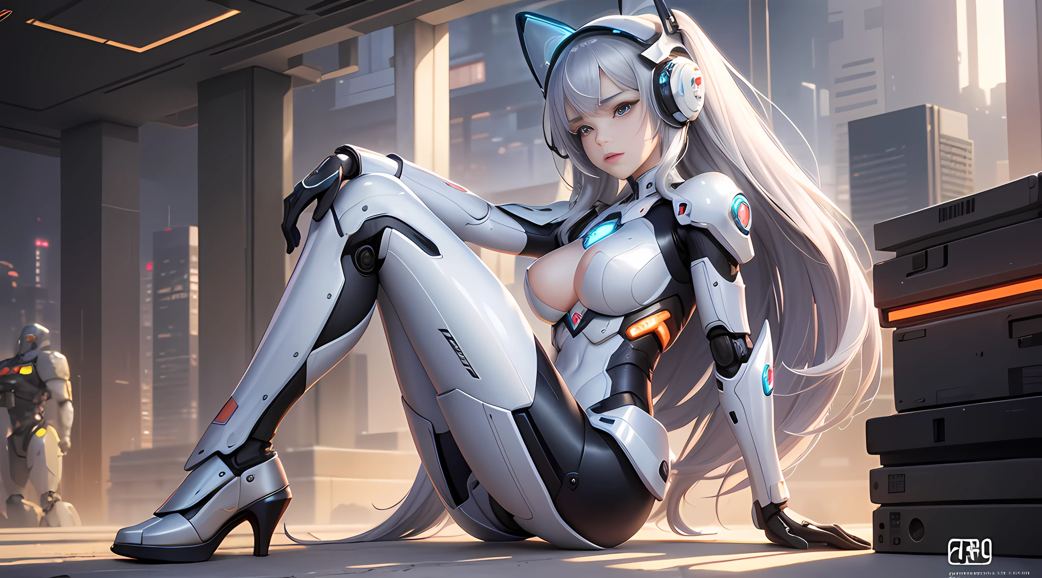 Realism, a woman in white lace (lace, full robot suit: 1.55) (sitting table: 1.5) (body turn to viewer: 1.2), (head to left: 1.8), (cross legs: 1.4), gray hair, cyborg, robot parts, beautiful and detailed body and face, sakimichan hdri, amouranth, beautiful and detailed orixa, 2049, chiaki nanami, african futuristic, made in maya, sam yang, 2070, cyborg, robot part, 150mm, beautiful studio soft light, edge light, vibrant details, luxurious cyberpunk, lace, surrealism, anatomy, facial muscles, cable wire, microchip, elegant, beautiful background, octane rendering, 8k, best quality, masterpiece, illustration, very refined and beautiful, very detailed, CG, unified, wallpaper, (realistic, Realism: 1.37), stunning, fine details, masterpiece, best quality, official art, very detailed CG unified 8k wallpaper, ridiculous, incredibly ridiculous, robot, silver helmet, (full body: 1.4), sitting, (nsfw: 1.2),