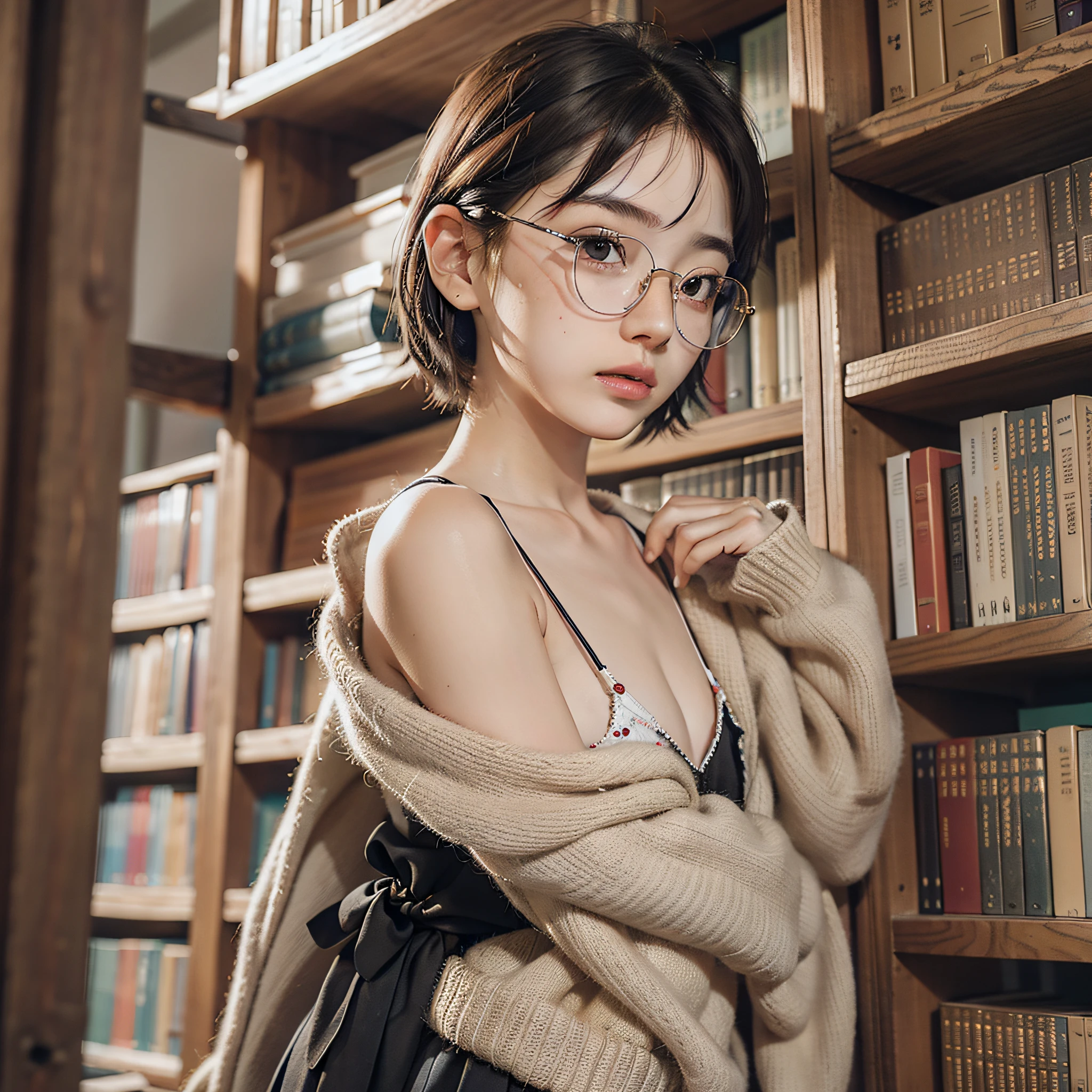 1 girl,solo, masterpiece,RAW photo,
ultra detailed,fragile beauty,short-lived ,thin lips,age 13,fragile ,non make up ,freckles,
japanese girl,
black hair,very short hair,(freckle:0.8),shiny skin,detailed skin,
flat chest,skinny, small hip,small breasts,Slender,ennuigrl, dark eyebrows,round face,small teeth, pale lips,homely,rustic,
circle-glasses,
sweater, skirt,
art,(library:1.2),
taking books,choosing books,having books,
standing posture,
BREAK
wide angle,side back view,
realistic, highly detailed background,real person,photorealistic,