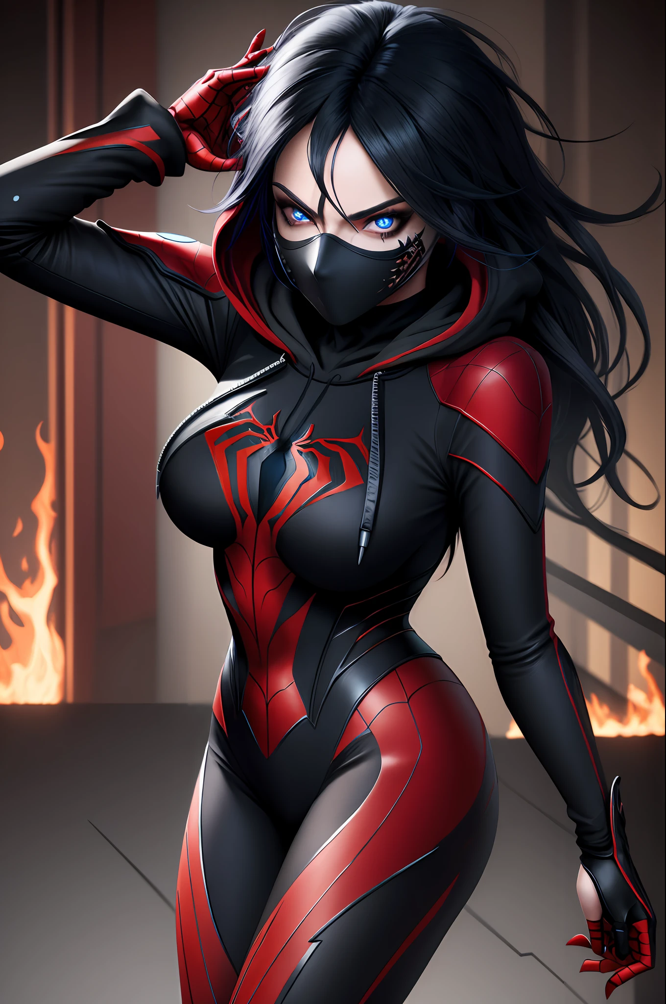 (((Masterpiece))), best quality, ultra-detailed CG unity 8k wallpaper, (1person:1.3), woman, black emo scene hair, blue eyes, hoodie, black and red full body masked spider man suit