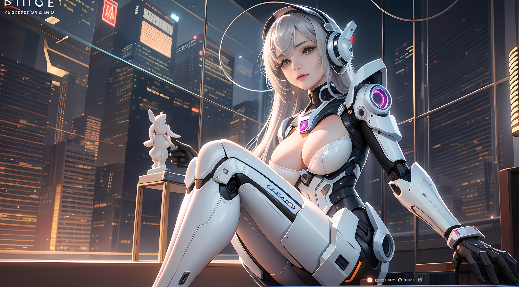 Realism, a woman in white lace (lace, full robot suit: 1.55) (sitting table: 1.5) (body turn to viewer: 1.2), (head to left: 1.8), (cross legs: 1.4), gray hair, cyborg, robot parts, beautiful and detailed body and face, sakimichan hdri, amouranth, beautiful and detailed orixa, 2049, chiaki nanami, african futuristic, made in maya, sam yang, 2070, cyborg, robot part, 150mm, beautiful studio soft light, edge light, vibrant details, luxurious cyberpunk, lace, surrealism, anatomy, facial muscles, cable wire, microchip, elegant, beautiful background, octane rendering, 8k, best quality, masterpiece, illustration, very refined and beautiful, very detailed, CG, unified, wallpaper, (realistic, Realism: 1.37), stunning, fine details, masterpiece, best quality, official art, very detailed CG unified 8k wallpaper, ridiculous, incredibly ridiculous, robot, silver helmet, (full body: 1.4), sitting, (nsfw: 1.2),