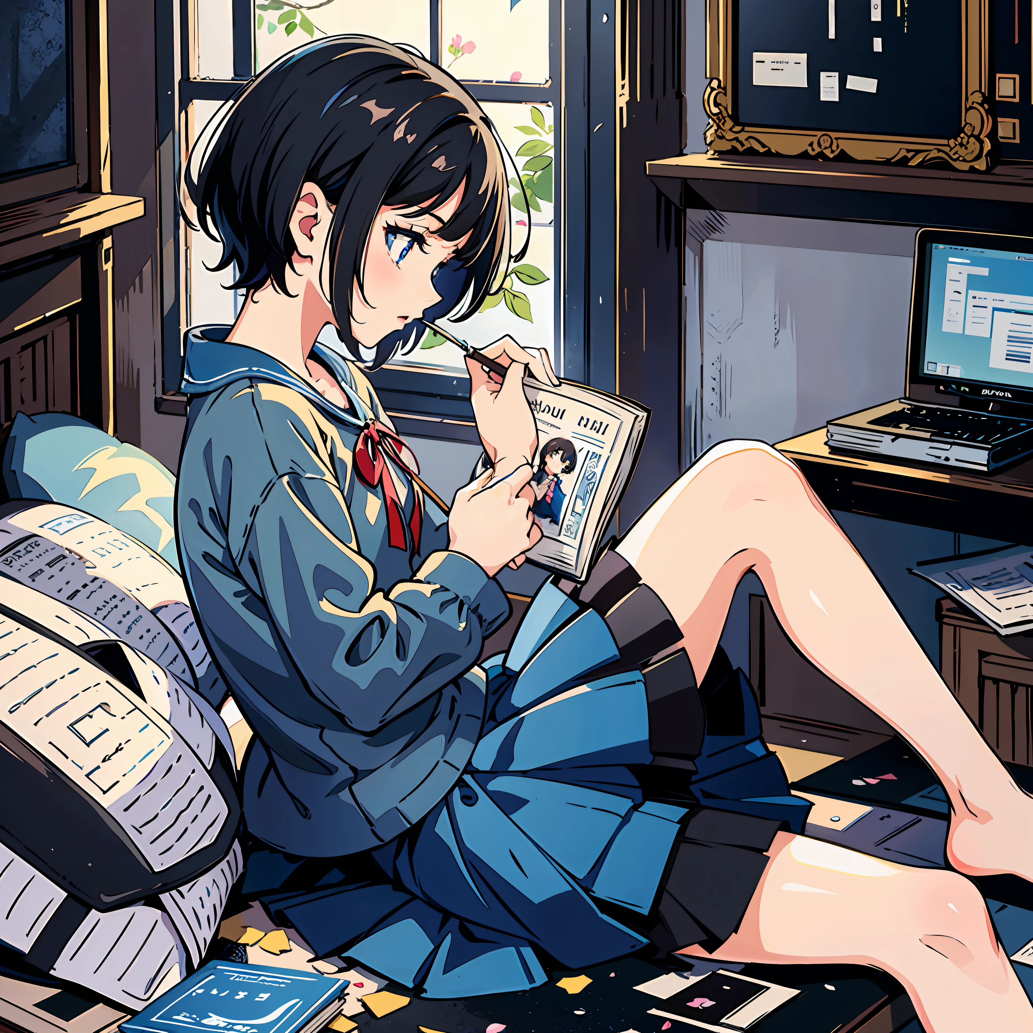 1 little girl, short black hair, blue pupils, cute, delicate face, small skirt with broken flowers, sitting on the bed, holding a book in her hand, bedroom, dim room, side view