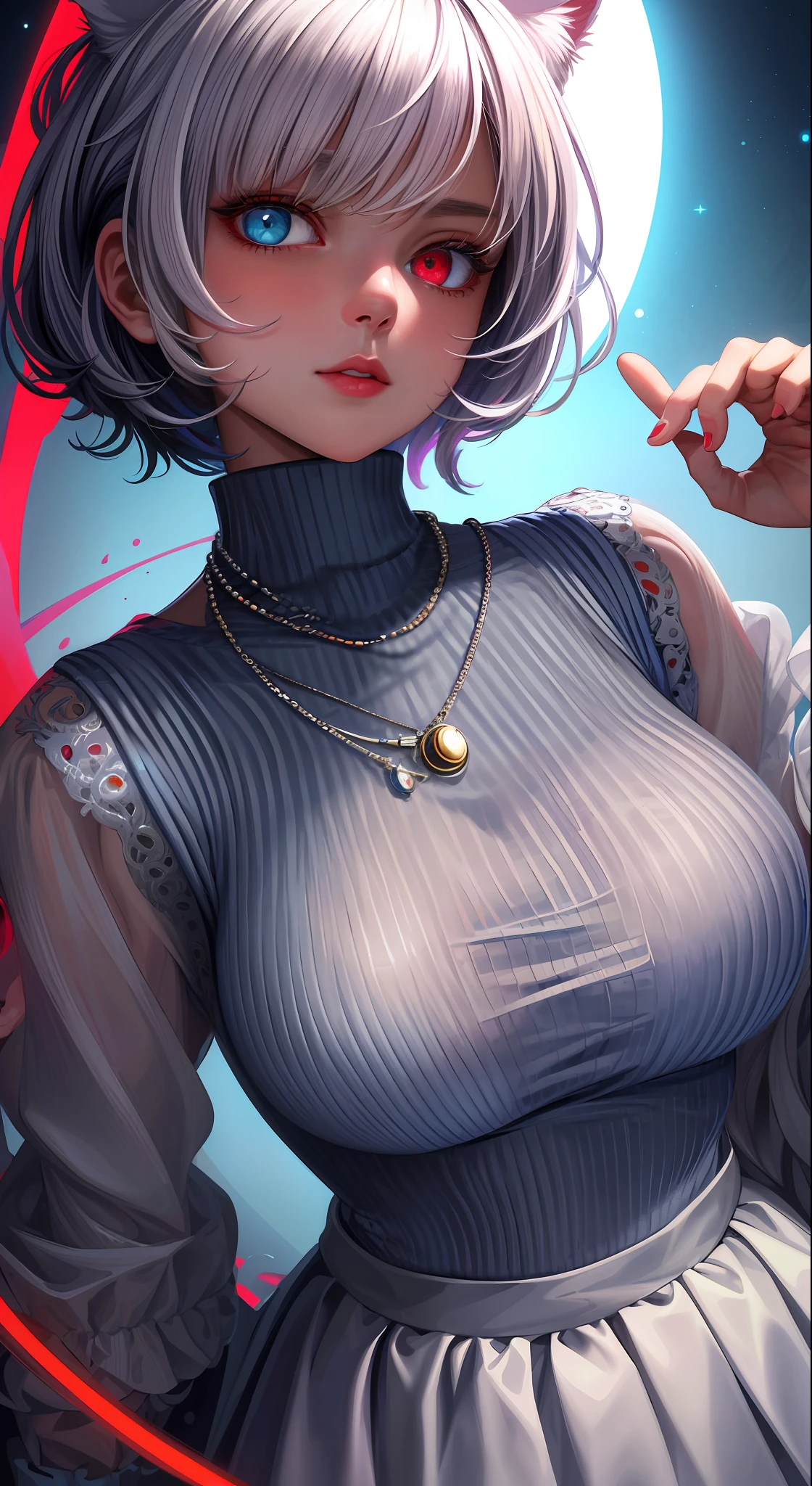 masterpiece, best quality, ultra-detailed, illustration,(1girl),beautiful detailed eyes, looking at viewer, close up, (breast focus), white short hair, shy, cat ears, ((glowing blue necklace)), moon in background, (blue and red eyes), thick lips, ((heterochromia)), small breasts, (turtleneck sweater)