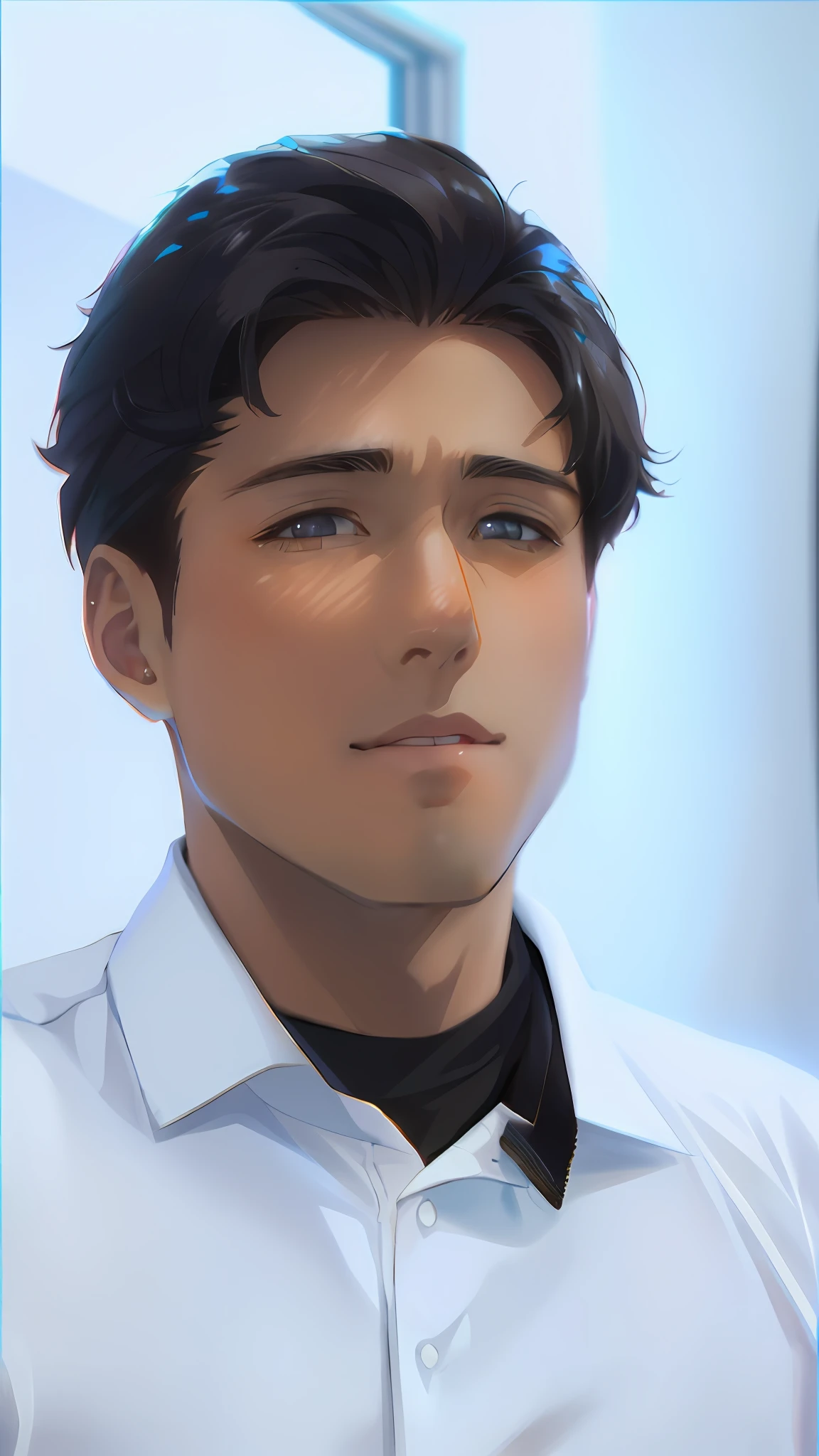 Man in white shirt and black tie, anime portrait of handsome man, cute realistic portrait, anime realism style, tall anime man with blue eyes, shining eyes, gwaiz style artwork, high resolution commission, realistic art style, semi-realistic anime, drawn by anime painter studio, made in anime painter studio