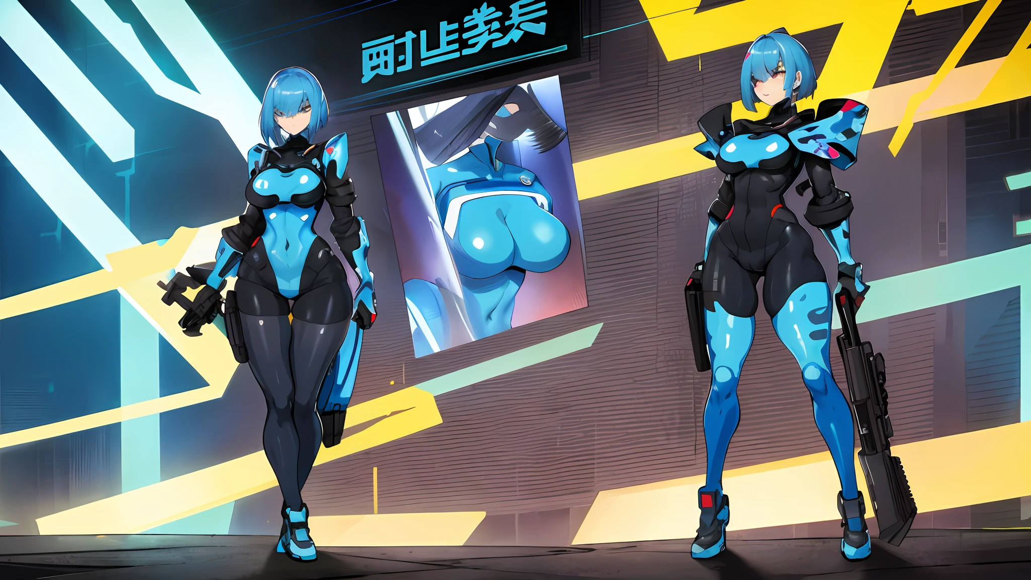 1girl, wide hips, standing, bulletproof vest, cyberpunk, dystopia, ghost in the shell, blue camo, blue body armor, full body shot, whole body, solo, cleavage, cleavage cutout, bike shorts, exposed legs, bare legs, exposed thighs, bare thighs, exposed knees, exposed calves, nsfw, nude, naked, sexy, tight clothes, skintight, exposed shoulders, exposed stomach, exposed hips, city skyscraper, street, tower, apartment, glowing eyes