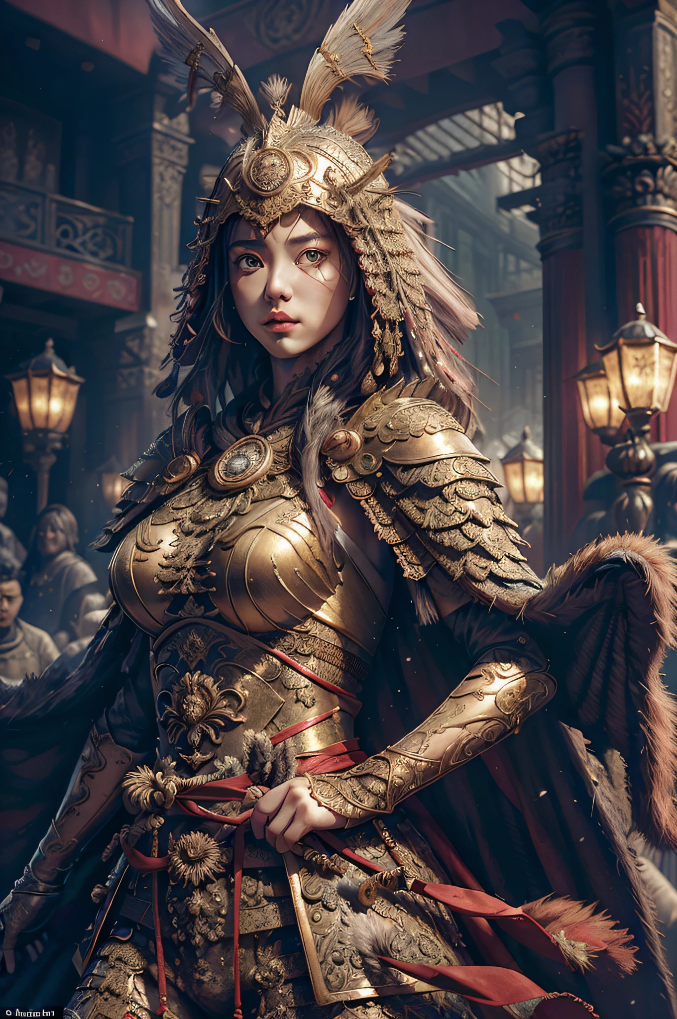 ((Masterpiece))), ((Best Quality)), ((Ultra Detailed)), (Surreal), (Highly Detailed CG Illustration), Cinematic Light, Realistic, Very Beautiful Young Lady, Sexy, Big Breasts, Light Makeup,, Intricate Details EABA, Red Cloak, Spear