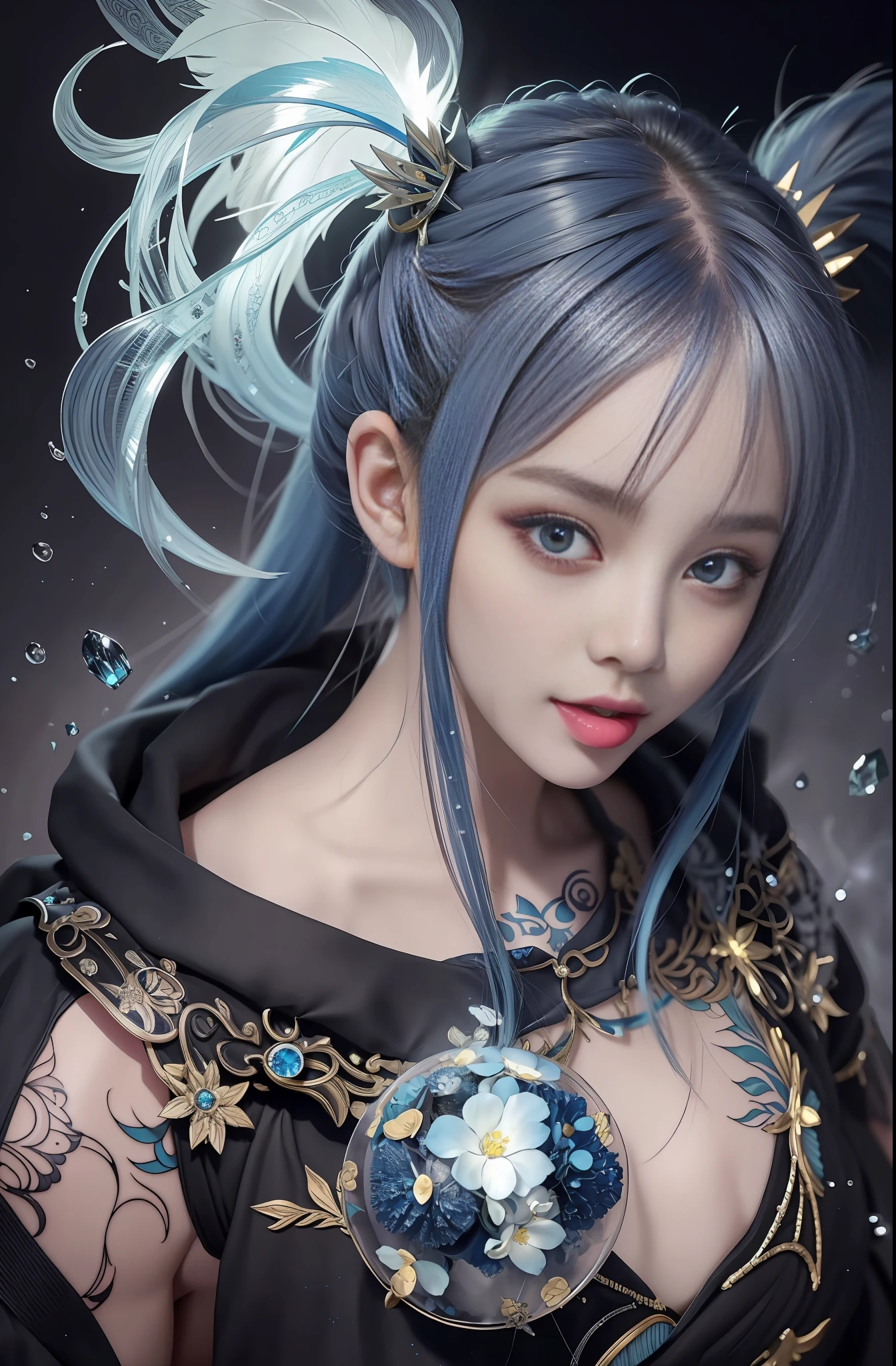 Masterpiece, top quality, blue hair, blue lightning, realistic, realistic details, high detail. Blue Thunder. Blue crystal. Black suspended particles. Black smoke. Black crystals around. Black smoke wafts around. Warping the body. Warping the body. Horn. Darkness. Ochi Yami Yugi. Laugh. Short hair.
1 girl, beauty, seductive face,, anicos_No 1,, short hair, navel, hoodie naked. Middle breast, long feather hair clip, blue hair ornament, thigh height, isekai, mini skirt, Ochi Yami. Temptation. Brainkill. Sexy pose. Pigtails. She has her mouth open. Tattoo. She sticks out her tongue. She has drool dripping from her mouth. Long velo. Long tongue. Luminescent tattoo. Luminescent tattoo. Close one’s eyes. Long eyelashes.