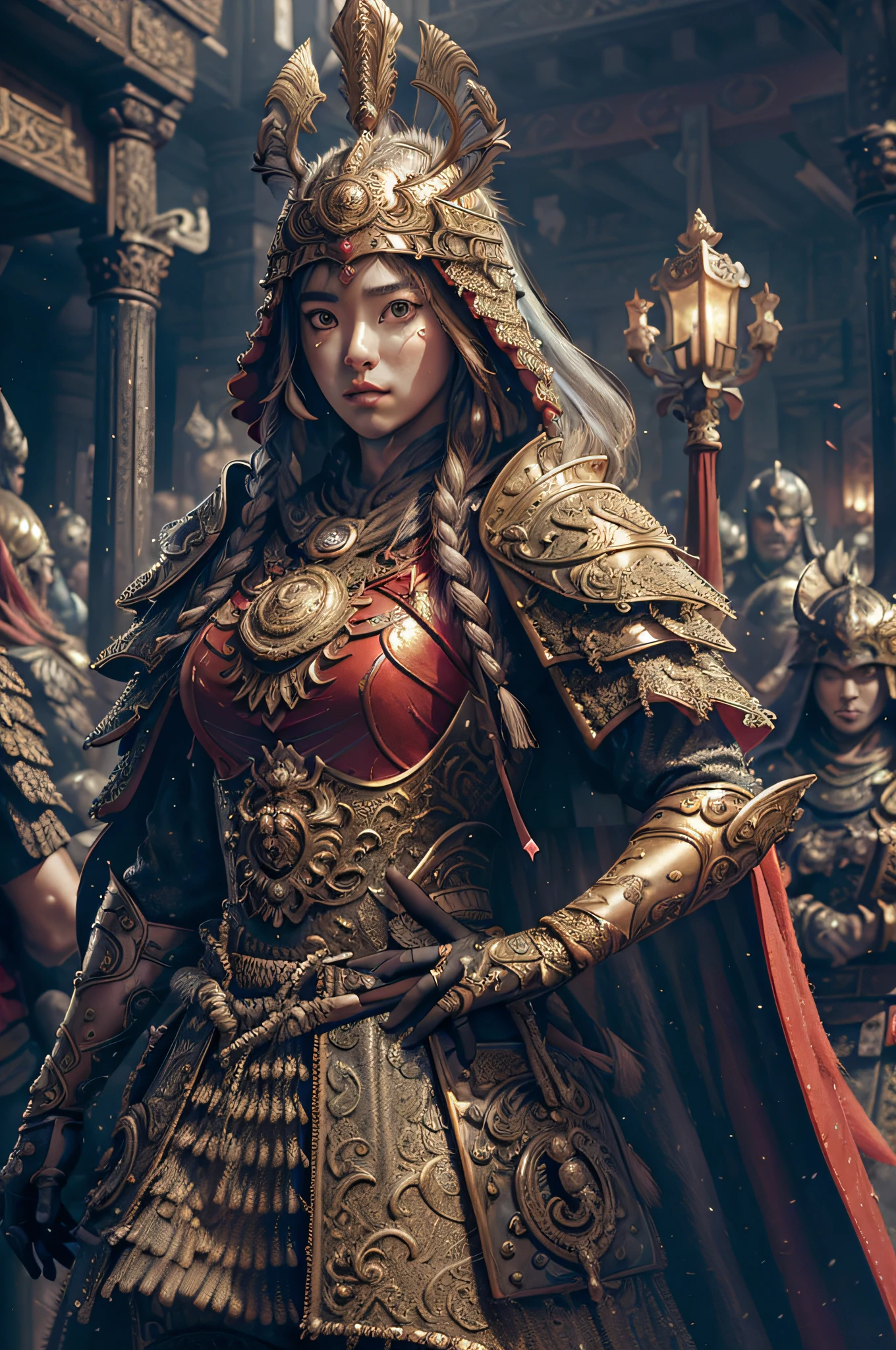 ((Masterpiece))), ((Best Quality)), ((Ultra Detailed)), (Surreal), (Highly Detailed CG Illustration), Cinematic Light, Realistic, Very Beautiful Young Lady, Sexy, Big Breasts, Light Makeup,, Intricate Details EABA, Red Cloak, Spear