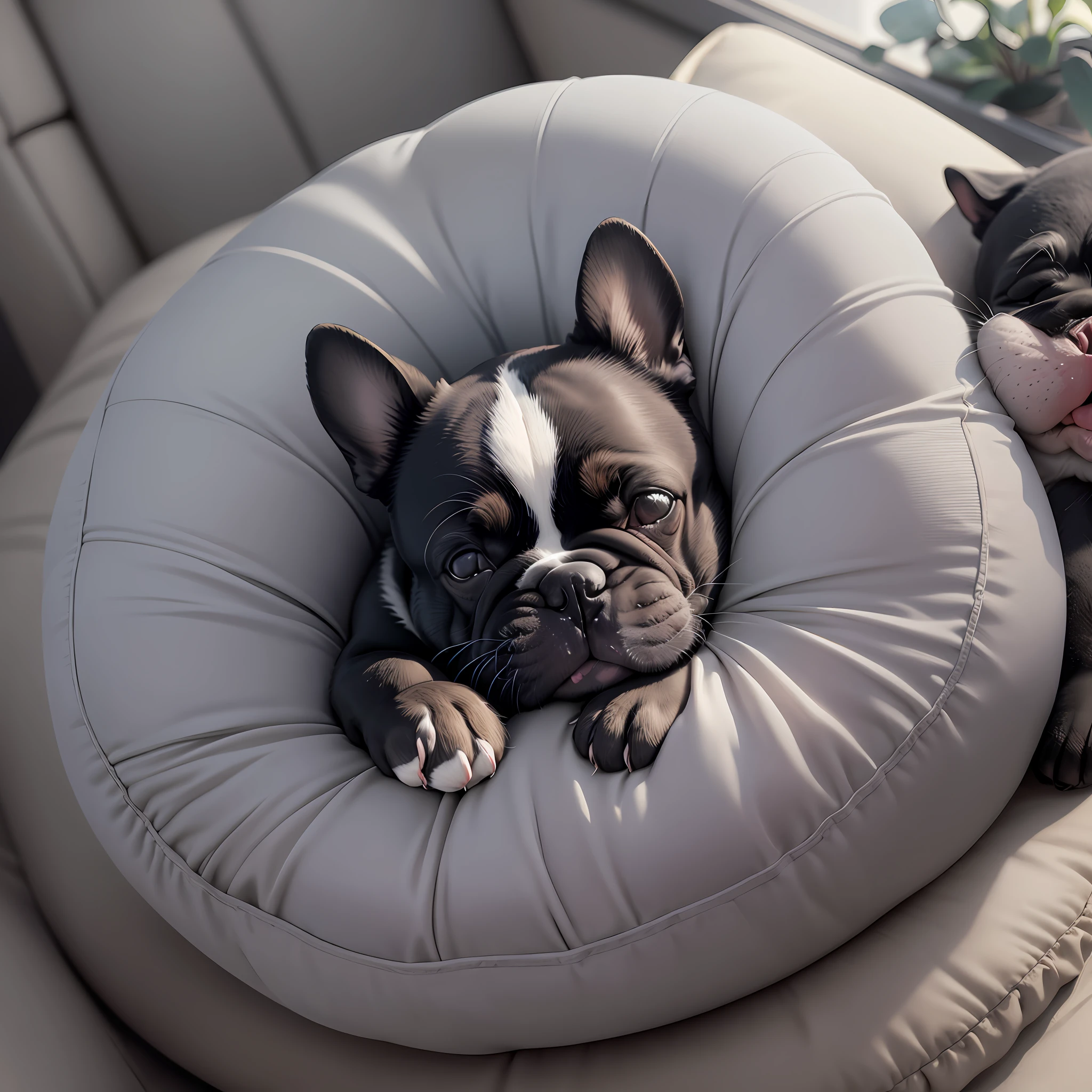 A black and white photograph of a sleeping French Bulldog, taken from a high angle, showcasing the dog's round and chubby body. The dog is sleeping on a soft cushion in a minimalistic, modern living room with natural light coming in from a large window. The image has a soft and dreamy feel, with shallow depth of field that blurs the background. Photography (Macro, 100mm lens, f/4, ISO 400) --auto --s2