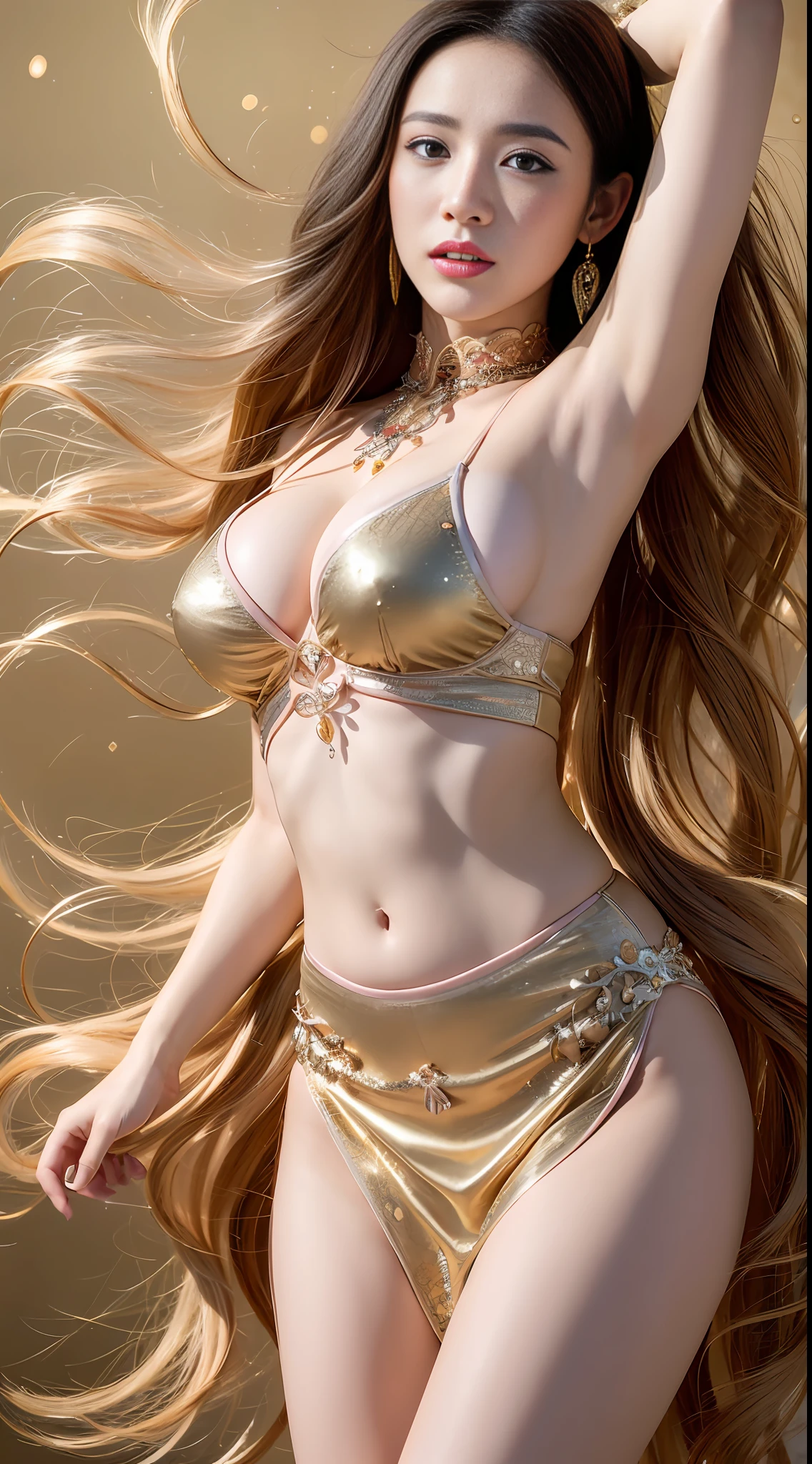 (8k, RAW photo, best quality, masterpiece:1.2), (realistic, photo-realistic:1.4), (extremely detailed CG unity 8k wallpaper), (1 girl:1.5), red spots on forehead, pale skin, blush, big eyes, full body, thighs, open navel, gold waist chain, gold ornaments, flying ribbons, particles, background is Loulan ancient city, ancient city wall, desert, dance, dunhuang_dress, dunhuang_style,
