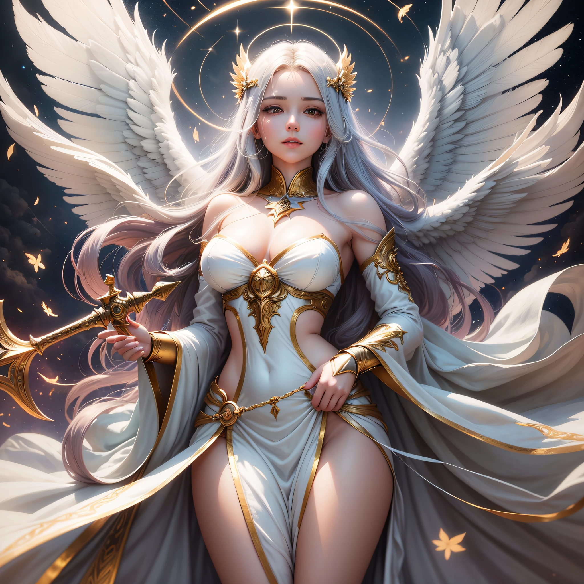 In this photo, we see the image of a beautiful woman incarnated as an angel. Dressed in a white robe and holding a golden sword, her wings outstretched, her eyes looking upwards, as if she were fixating on a certain target in the sky.
From a compositional point of view, the photograph is laid out symmetrically. The female angel is located in the center of the photo, and the background content on the left and right sides is relatively symmetrical, which enhances the sense of balance of the photo. The posture and dress of the female angel are also very delicate, the lines of the robe and the flow of the wings show a soft curve, echoing the softness and gentleness of the female angel, while the long sword in her hand shows her firmness and courage.
The content in the background is also very rich, with elements such as clouds, stars, moon, trees, etc., which echo the female angels to create a mysterious and beautiful atmosphere. At the same time, the photographer also used some special shooting techniques, such as bokeh, etc., to make the female angel more prominent, highlighting her divinity and beauty.
In short, the photo is full of beauty and mystery, and the image of the female angel and the ingenious echo of the background elements make people feel a kind of beauty and happiness beyond reality. --auto --s2