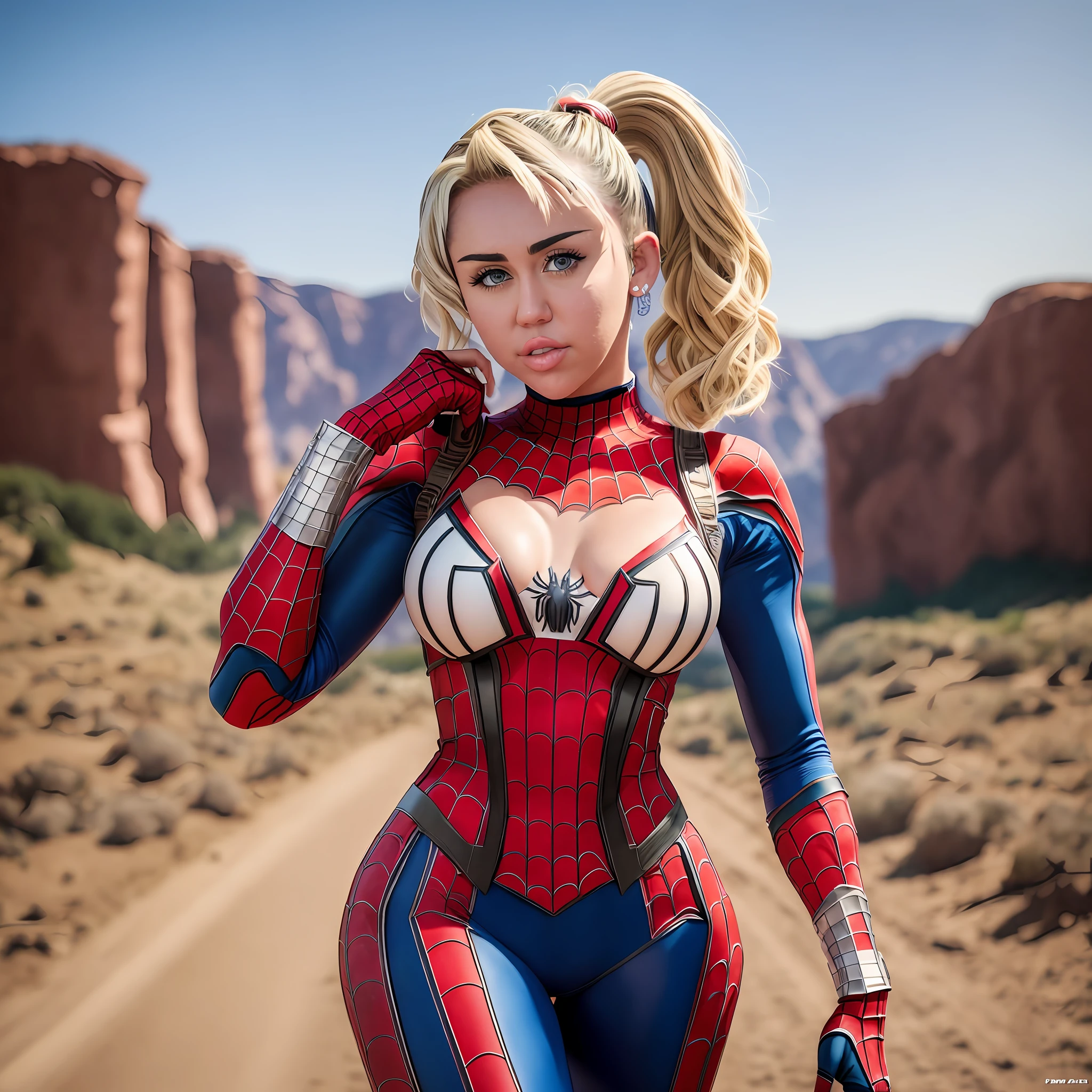 A RAW, full body photo of (Miley Cyrus), wearing spider-man suit, cosplay, big perky breasts, sexy neckline, background is landscapes, (highly detailed skin: 1.2), 8k uhd, dslr, soft lighting, high quality, grain film, Sony a7ii --auto --s2