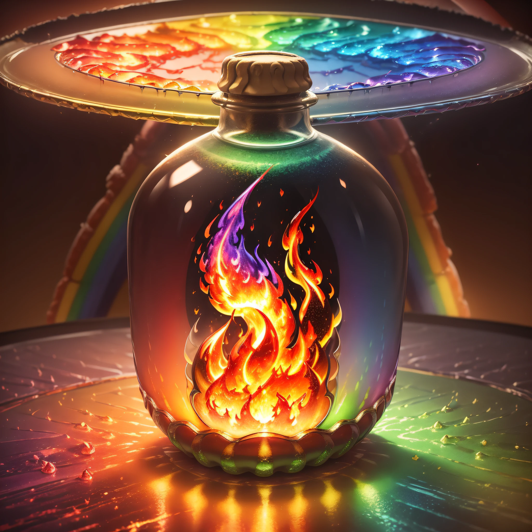 (a rainbow flame trapped in a masterpiece glass bottle:1.4),8k,detailed,high quality, flawlessly rendered, dynamic angle, floating, rainbow reflections, (emboding emotions of wonder and mystery:1.3).
