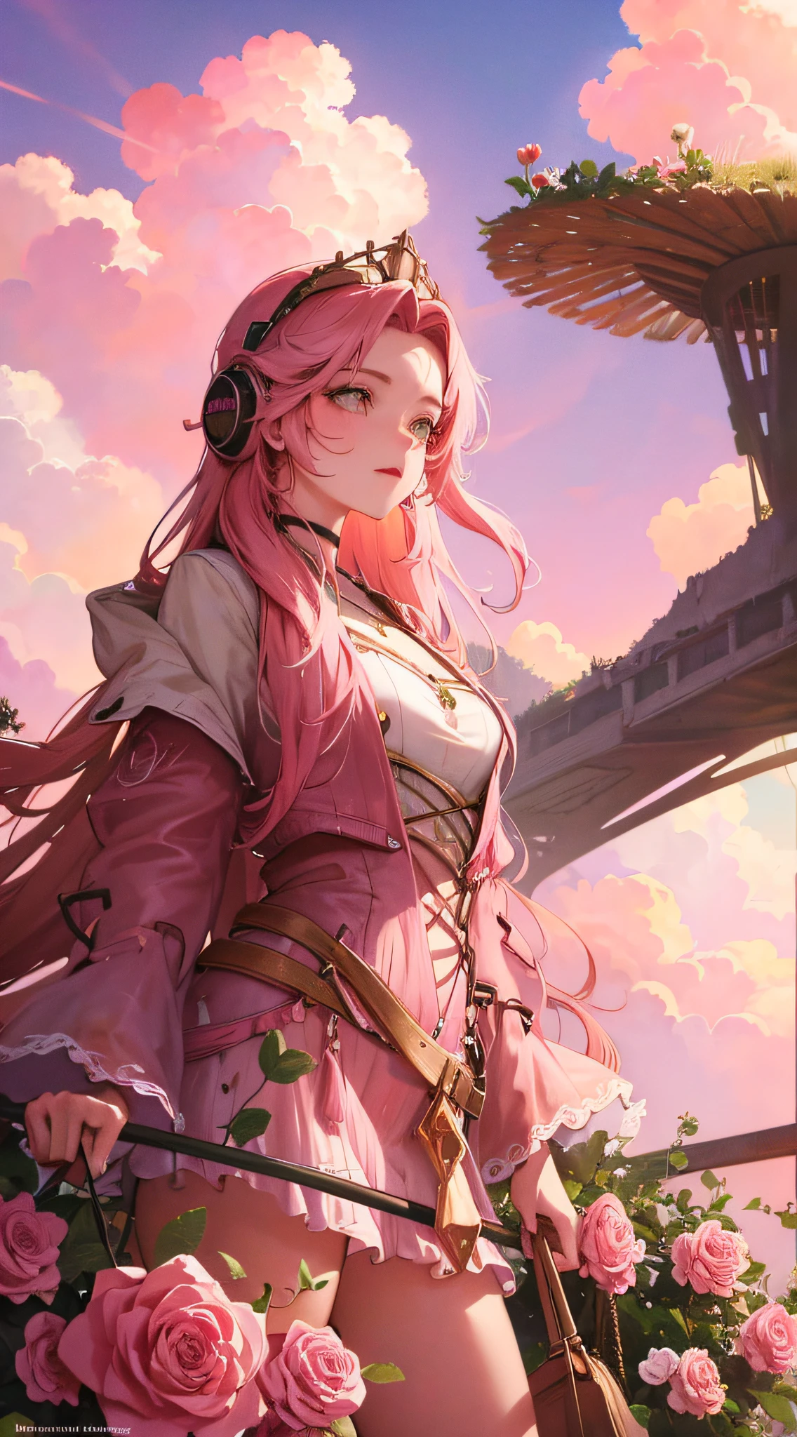 Summer, desert, pink clouds, a land overgrown with roses stands beautiful girl, James Gurney, art station rendered, ultra-wide lens, high definition