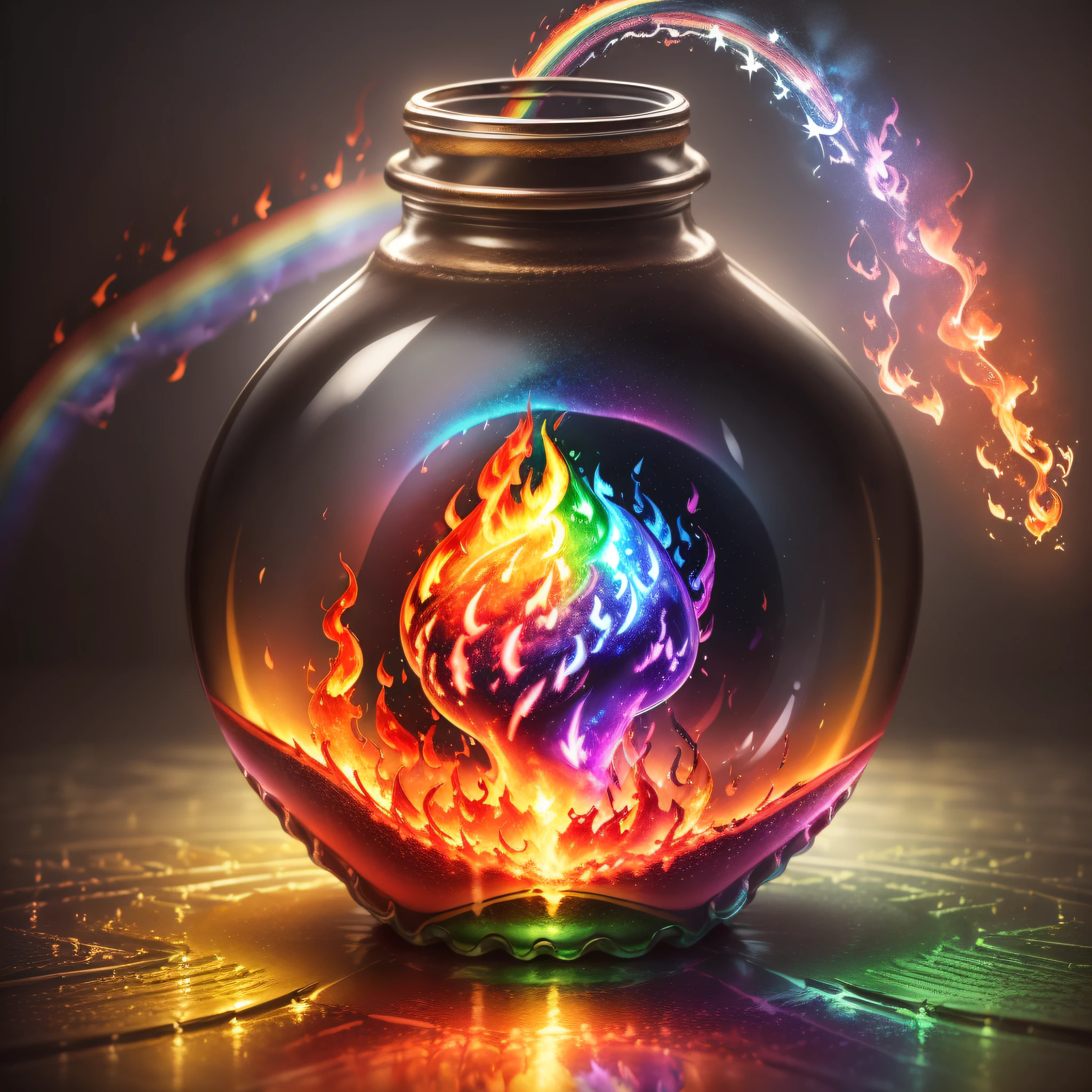 (a rainbow flame trapped in a masterpiece glass bottle:1.4),8k,detailed,high quality, flawlessly rendered, dynamic angle, floating, rainbow reflections, (emboding emotions of wonder and mystery:1.3).