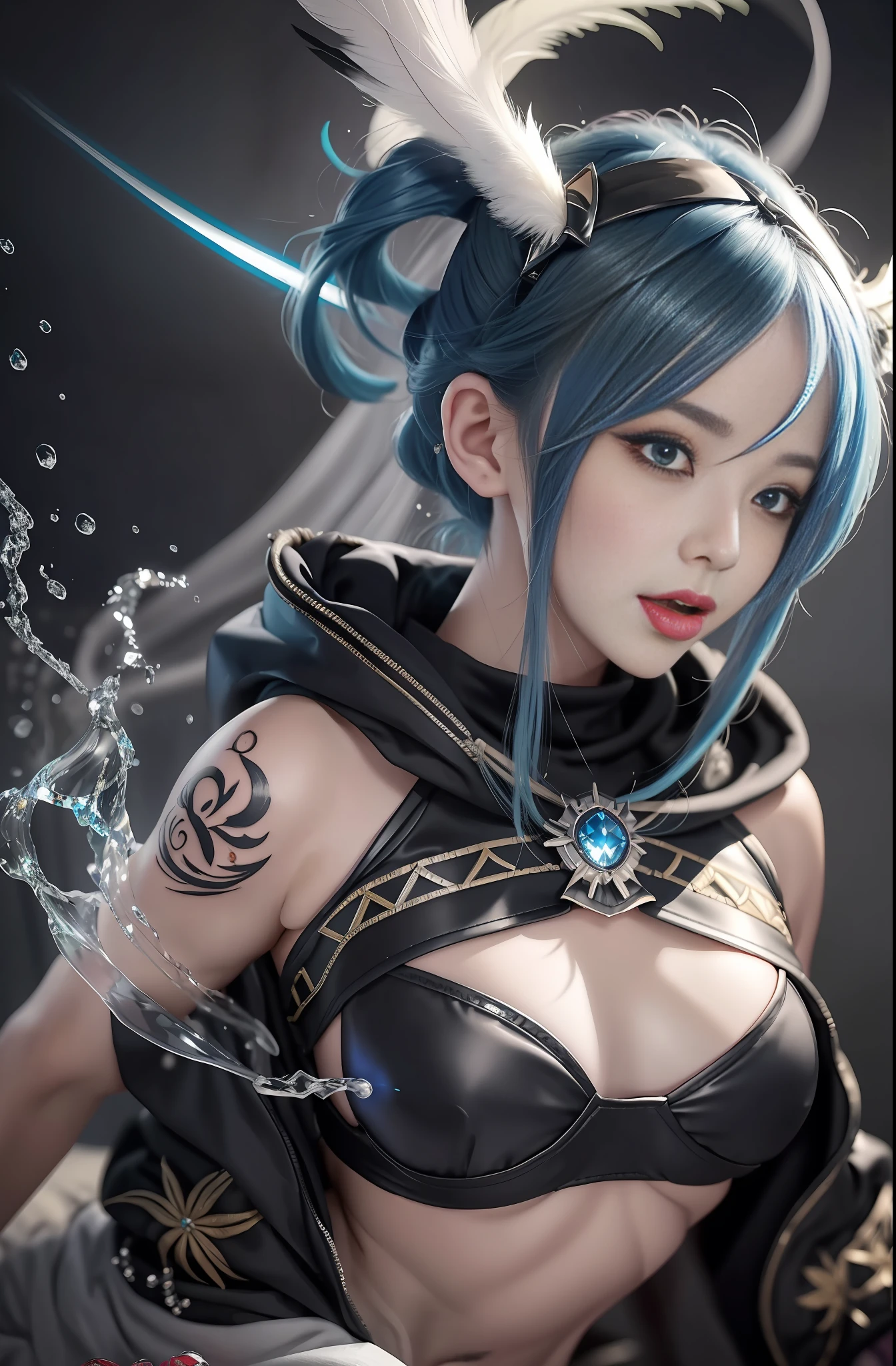 Masterpiece, top quality, blue hair, blue lightning, realistic, realistic details, high detail. Blue Thunder. Blue crystal. Black suspended particles. Black smoke. Black crystals around. Black smoke wafts around. Warping the body. Warping the body. Horn. Darkness. Ochi Yami Yugi. Laugh. Short hair.
1 girl, beauty, seductive face,, anicos_No 1,, short hair, navel, hoodie naked. Middle breast, long feather hair clip, blue hair ornament, thigh height, isekai, mini skirt, Ochi Yami. Temptation. Brainkill. Sexy pose. Pigtails. She has her mouth open. Tattoo. She sticks out her tongue. She has drool dripping from her mouth. Long velo. Long tongue. Luminescent tattoo. Luminescent tattoo. Close one’s eyes. Long eyelashes.