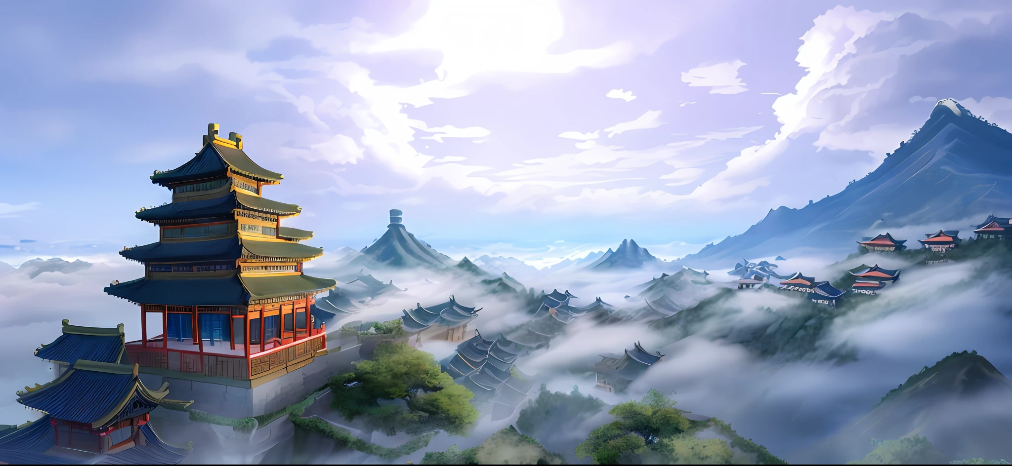 Clouds, sky, night, ancient Chinese buildings, exquisite and real, castles in the sky, mountains, plants, fairy air fluttering, fairy online game, void fog, heavenly court, moonlight