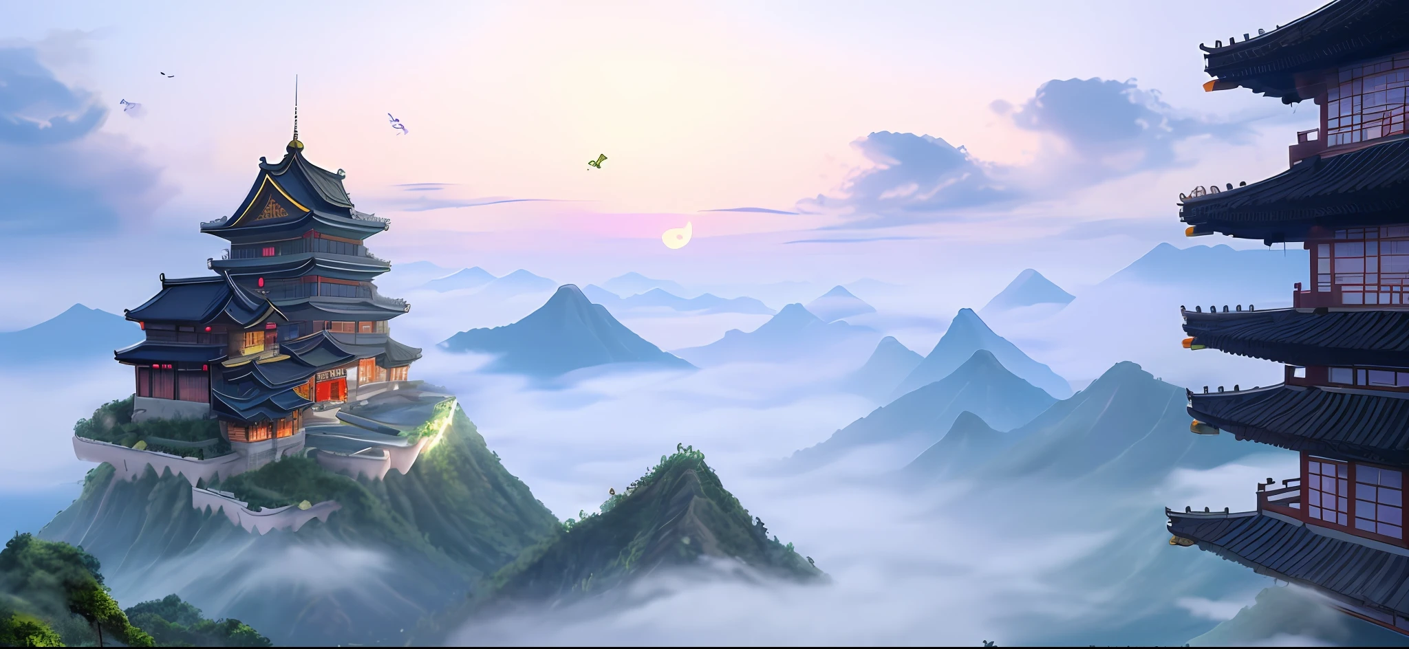 Clouds, sky, night, ancient Chinese buildings, exquisite and real, castles in the sky, mountains, plants, fairy air fluttering, fairy online game, void fog, heavenly court, moonlight