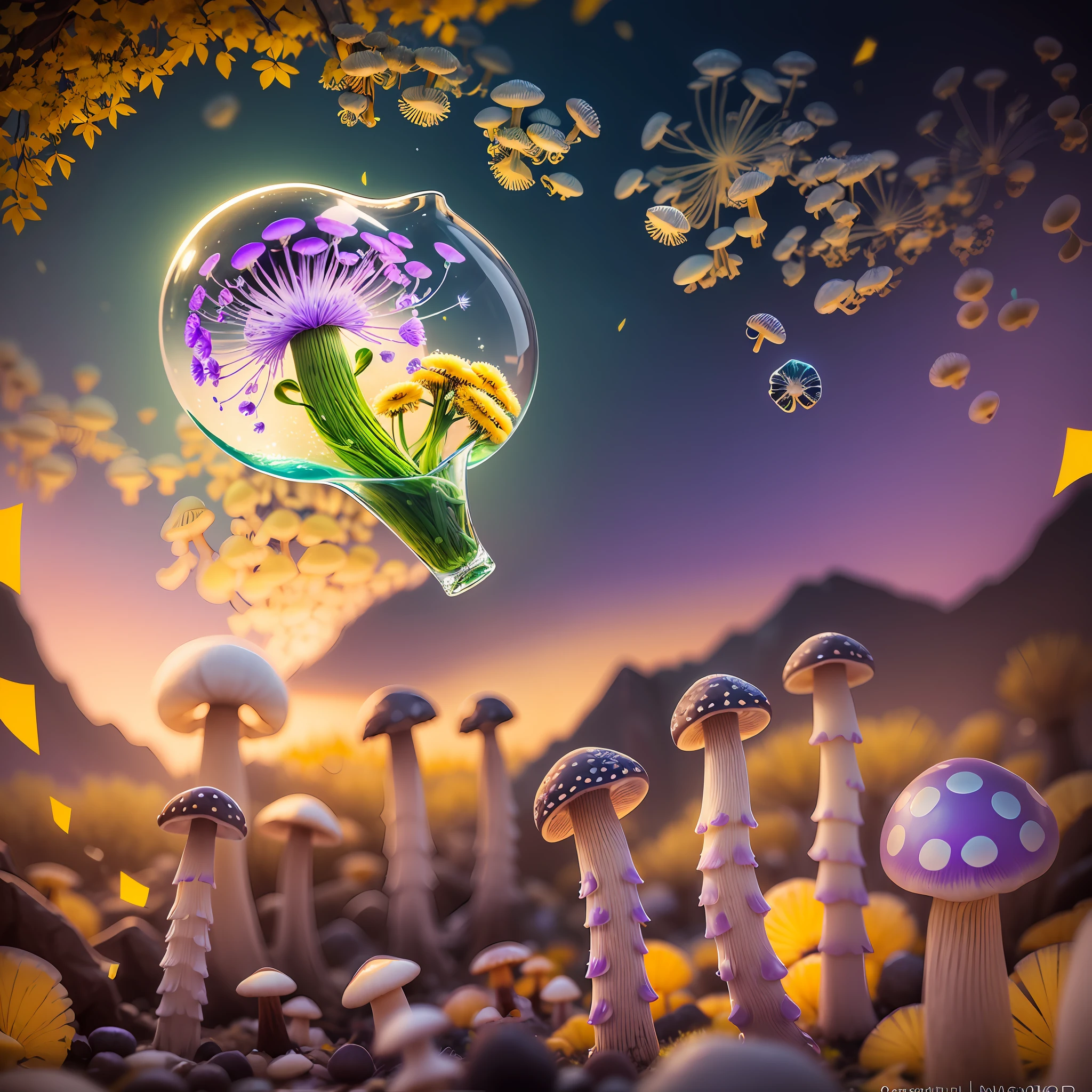 Computer Visualized Graphics, Realistic Fantasy, Extensive Landscape Ultrasound Photography (General View Showing Glass Glass, Ice, Mushroom, Dandelion), Blurred Background, Gloomy, Yellow, Purple Background, Magic --auto --s2