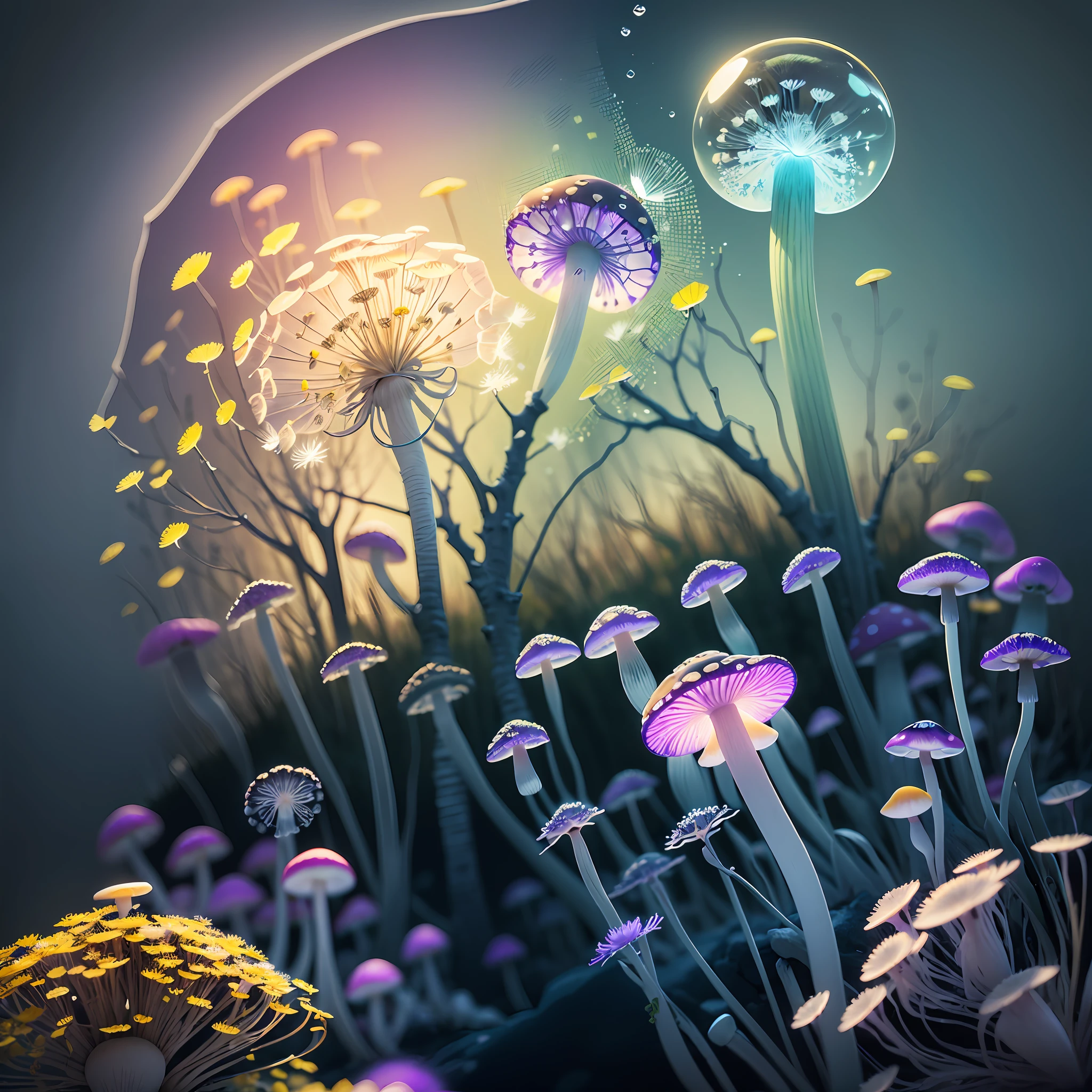 Computer Visualized Graphics, Realistic Fantasy, Extensive Landscape Ultrasound Photography (General View Showing Glass Glass, Ice, Mushroom, Dandelion), Blurred Background, Gloomy, Yellow, Purple Background, Magic --auto --s2