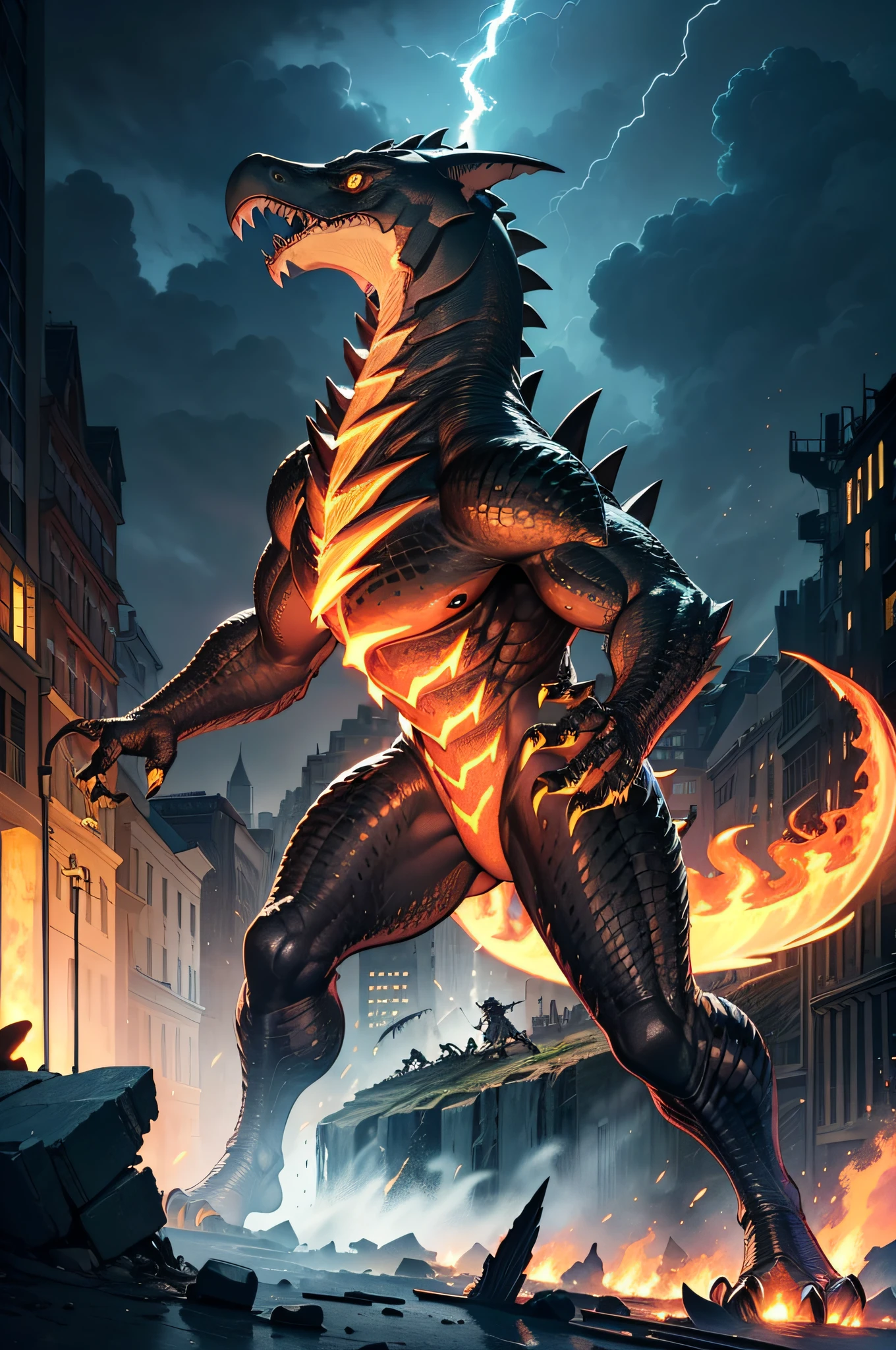 [Detailed illustration, very detailed and detailed drawing],((Destroyed Building) Manhattan background at night (Great Fire)),((Brown KAIJU) (Reptile)),[Small head (glowing eyes) Thick strong neck] Strong thighs (short arms) ((Long and strong tail)) ((Theropod) Bipod walking), [Two large horns on the head],(Sword dragon-like dorsal fin (rock-like skin) Raised sharp scales ((Shark tusks)) (Eagle's Claw)) ((Sabertooth)) ((EDGE)) ((Forward leaning position)),(Magma energy in the body),((Lightning in the sky)). [Ultra-precision detail,High Quality,High resolution,((Multilayer texture))],((Visual art that conveys narrative)).