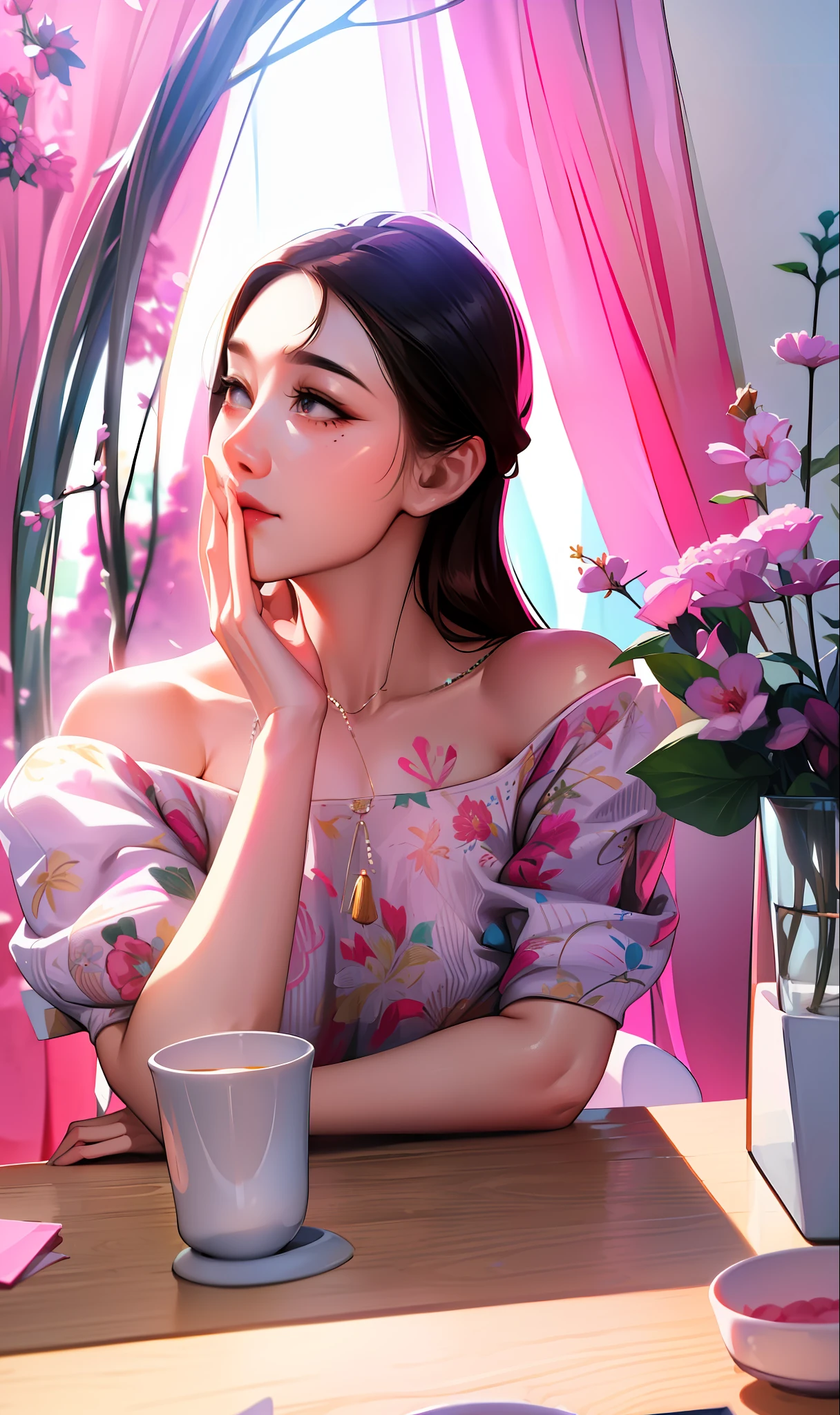 (Best quality, 8k, 32k, masterpiece, UHD: 1.2), photo beautiful Japanese woman, long hair, upper body, facial focus, oversized_sweater, necklace, simple background, looking up, pink and white skirt, tattoo