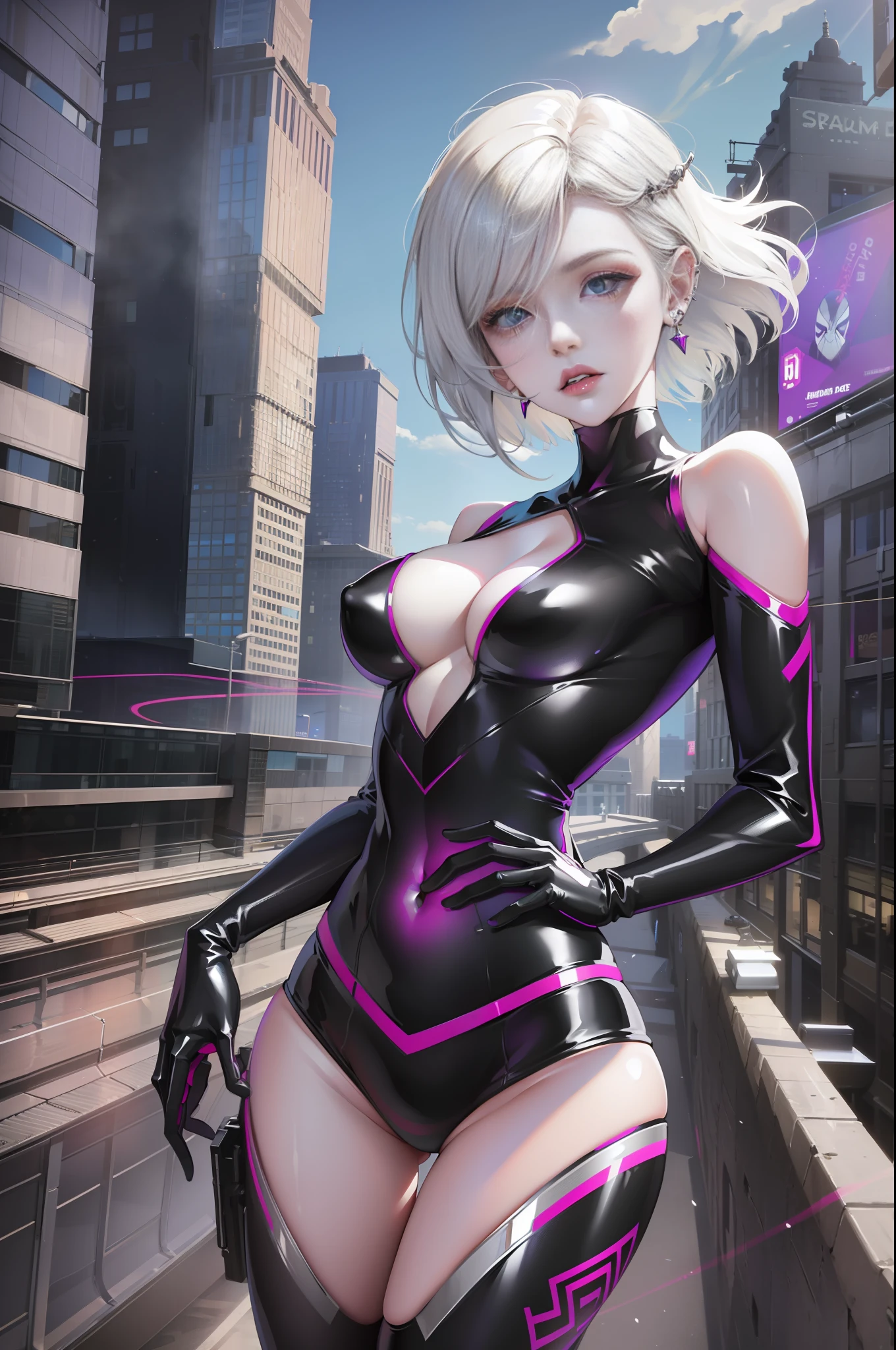 full body picture Unreal Engine 5 8K UHD of beautiful women, white short hair, wearing black white tight futuristic latex Spider Woman cosplay, latex glove, wearing purple glass, earring, lips piercing, modern city, best quality, masterpiece, 8K UHD wallpaper