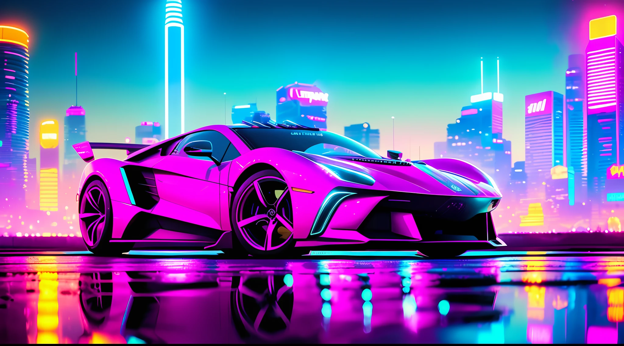 swpunk, synthwave, paint splatters, (extremely detailed 8k wallpaper), a medium shot photo of a futuristic concept car parked in an elaborate cyberpunk city, ray tracing, detailed reflections, Intricate, High Detail, dramatic, best quality masterpiece, photorealistic, detailed, 8k, HDR, backlighting, bloom, light sparkles, chromatic aberration, sharp focus