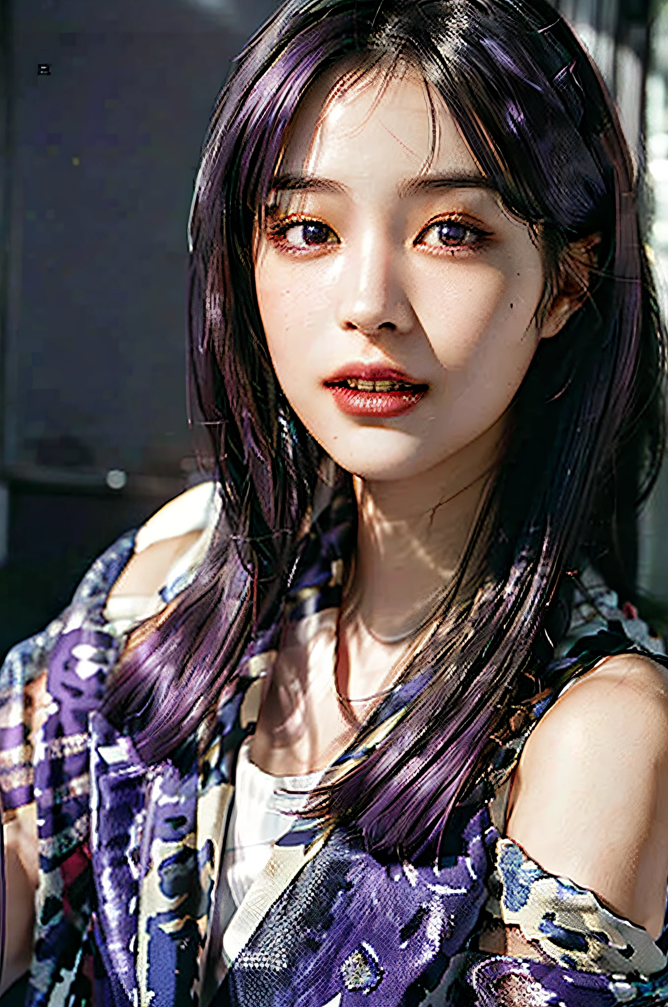 (Masterpiece, Best Quality, Beautiful Quality, Realistic, Looking at the Viewer, Detailed Lighting, Extremely Detailed Skin, Extremely Detailed Purple Hair, Extremely Detailed Teeth, Shadows, 8K: 1.2), (Photo of a Woman, 1 Girl: 1.2),