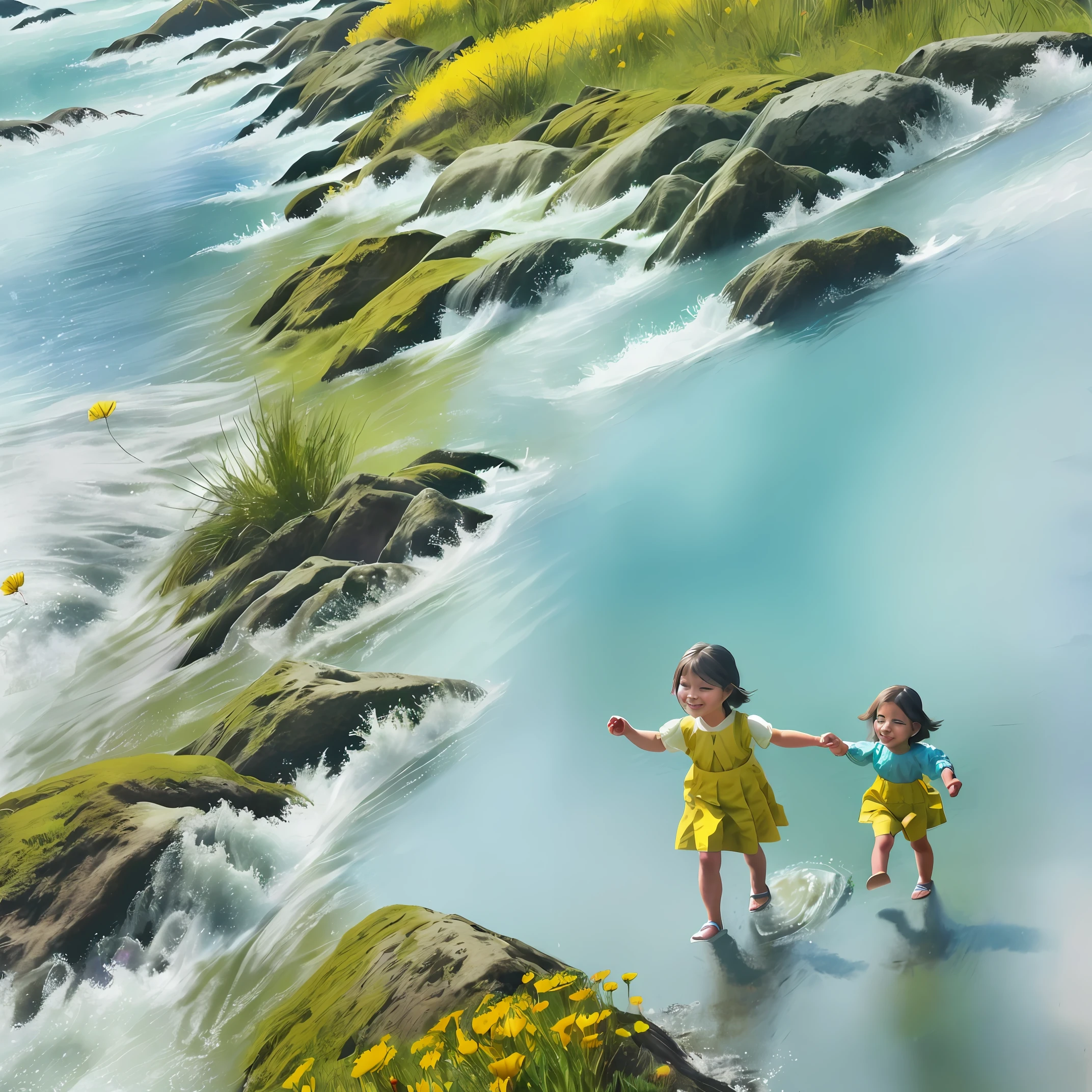 A charming little girl carrying a backpack and her cute little dog enjoying a cute spring outing surrounded by beautiful yellow flowers and natural scenery. The illustration is a high-definition illustration in 4K resolution with highly detailed facial features and cartoon-style visuals, (butterfly dance) mountains in the distance, blue sky, white clouds, and lots of good-looking flowers