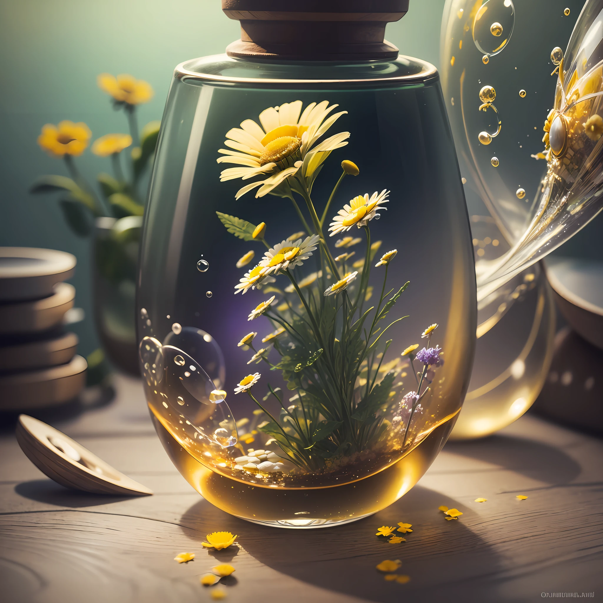 Computer Rendered Graphics, Realistic Fantasy, Extensive Landscape Ultrasound Photography (general view showing glass glass, chamomile, bee, soap bubbles), blurred background, gloomy, yellow, purple background, magic --auto --s2