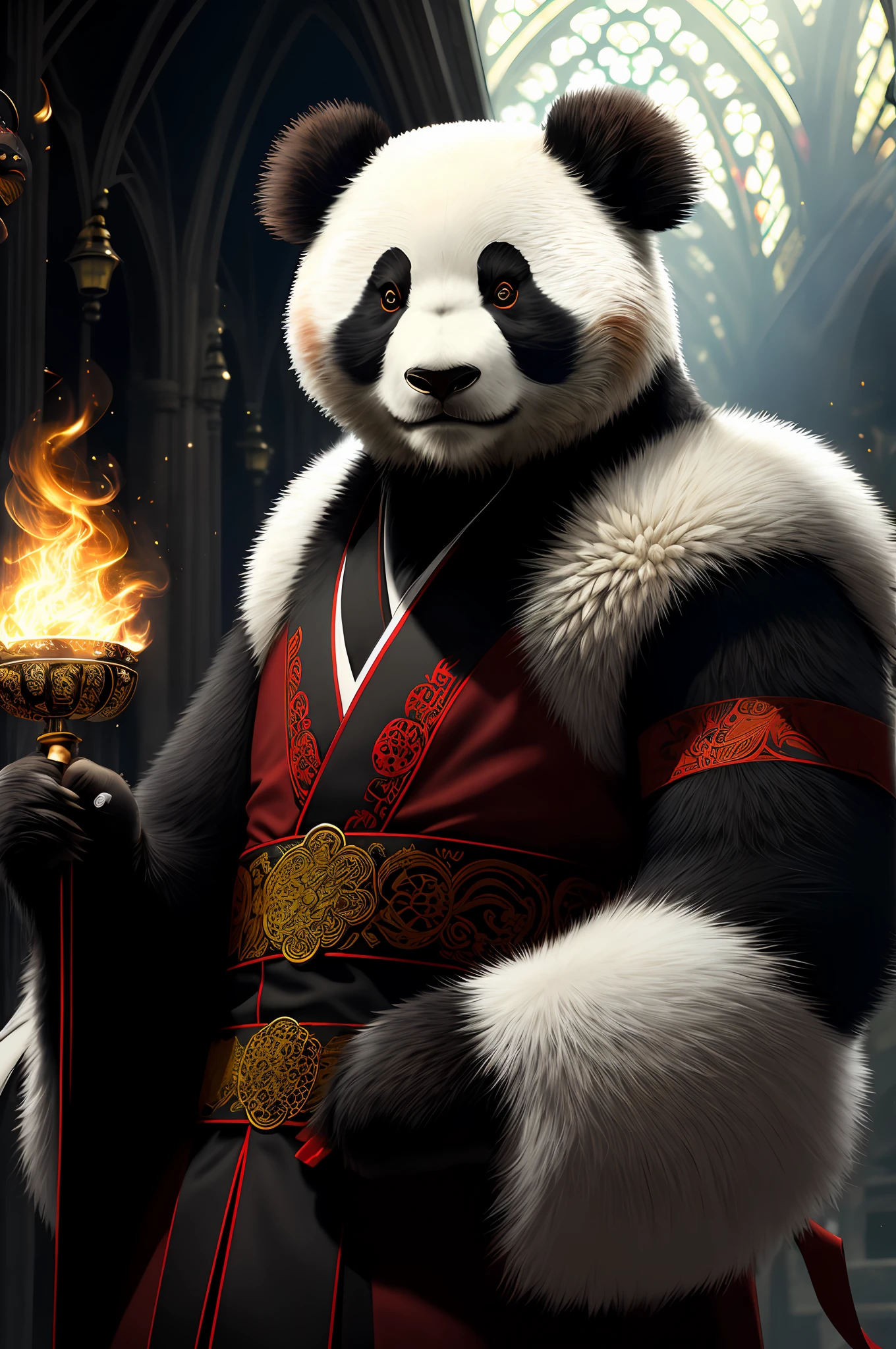 extremely detailed 8k wallpaper), intricate, richly detailed, dramatic, Panda bear with white kimono, ready for combat, Sinister face is drawn with only a pair of red eyes peeking underneath, graphics insanely, light is reflected in the ornaments, bright ashes ooze from the torches in the vaulted passage during the leisurely walk through the gloomy cathedral,  Show the whole person with some distance from the surroundings to get your own license.