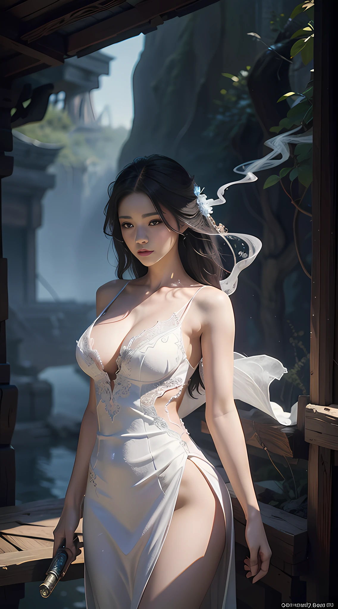 a woman in a white dress is standing in smoke, fantasy art style, digital art fantasy, digital art fantasy art, fantasy woman, ethereal fantasy, moody misty fantasy art, digital 2d fantasy art, guweiz, digital fantasy art ), trending digital fantasy art, fantasy digital art, anime fantasy illustration, art cover, beautiful fantasy art, beautiful character painting