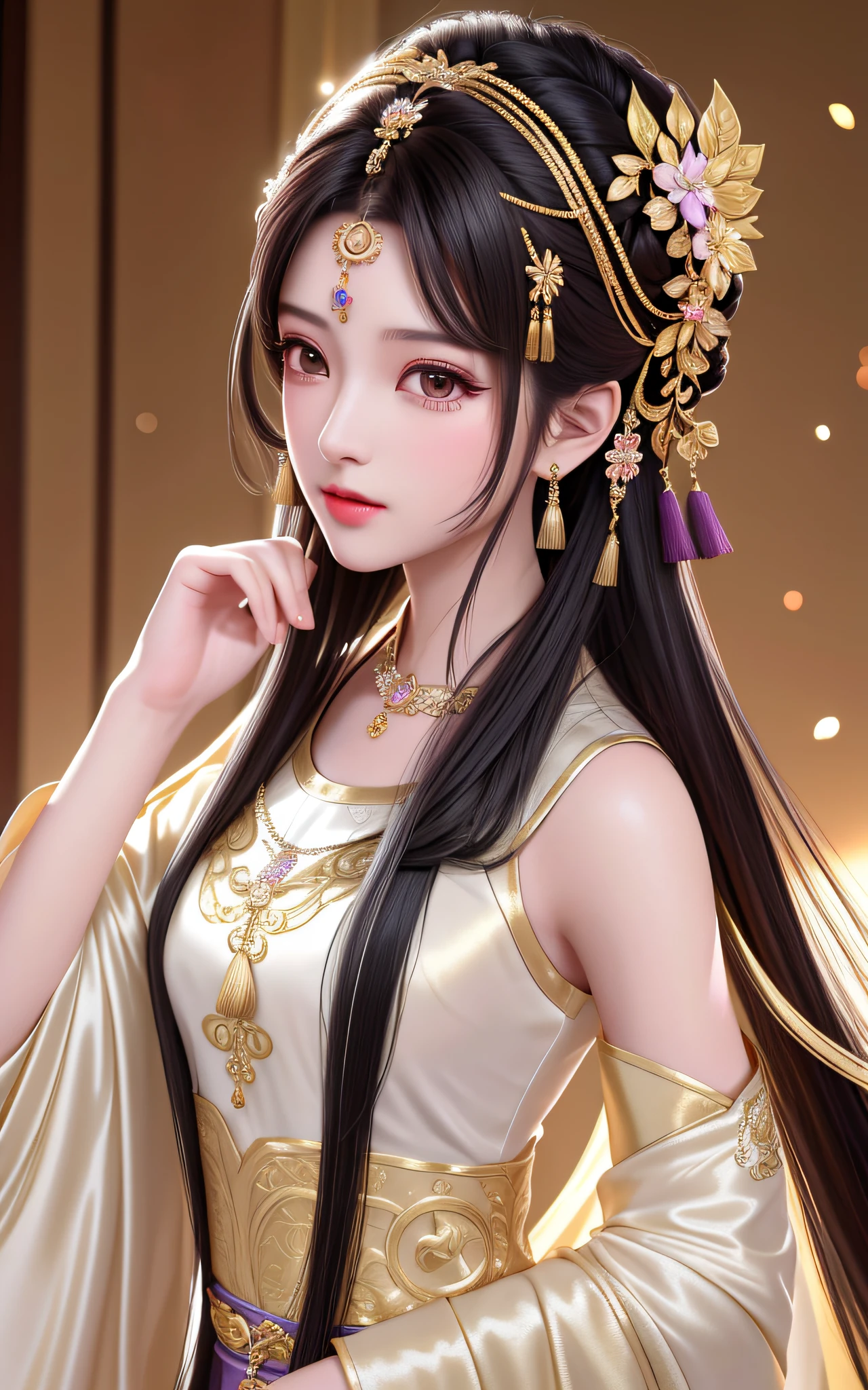 best quality, masterpiece, high resolution, 1girl, chinese wedding dress, hair accessories, necklaces, jewelry, beautiful face, upon_body, tyndall effect, realistic, dark studio, edge lighting, two-tone lighting, (high detail skin: 1.2), 8k UHD, DSLR camera, soft lighting, high quality, volumetric lighting, frankness, photo, high resolution, 4k, 8k, bokeh, a purple costume, a gold band in her hair, black hair and black eyes, straight facial features, The skin is white and tender, the expression is gentle, and he looks into the distance. Her hair was coiled in a bun, her head was decorated with elaborate hair ornaments, and her sides were tied with taupe gold silk hairbands that hung down and had bead tassels at the ends. The whole standing painting presents a 2.5-dimensional style, with smooth lines, clear contours, and full shapes, showing the grace and nobility of this ancient beauty