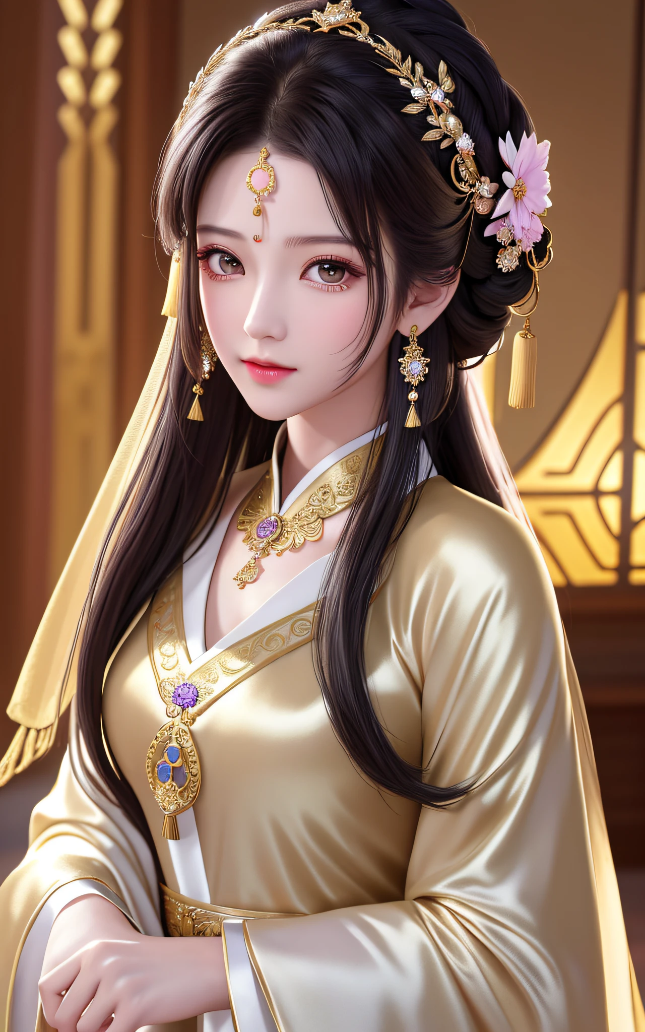 best quality, masterpiece, high resolution, 1girl, chinese wedding dress, hair accessories, necklaces, jewelry, beautiful face, upon_body, tyndall effect, realistic, dark studio, edge lighting, two-tone lighting, (high detail skin: 1.2), 8k UHD, DSLR camera, soft lighting, high quality, volumetric lighting, frankness, photo, high resolution, 4k, 8k, bokeh, a purple costume, a gold band in her hair, black hair and black eyes, straight facial features, The skin is white and tender, the expression is gentle, and he looks into the distance. Her hair was coiled in a bun, her head was decorated with elaborate hair ornaments, and her sides were tied with taupe gold silk hairbands that hung down and had bead tassels at the ends. The whole standing painting presents a 2.5-dimensional style, with smooth lines, clear contours, and full shapes, showing the grace and nobility of this ancient beauty