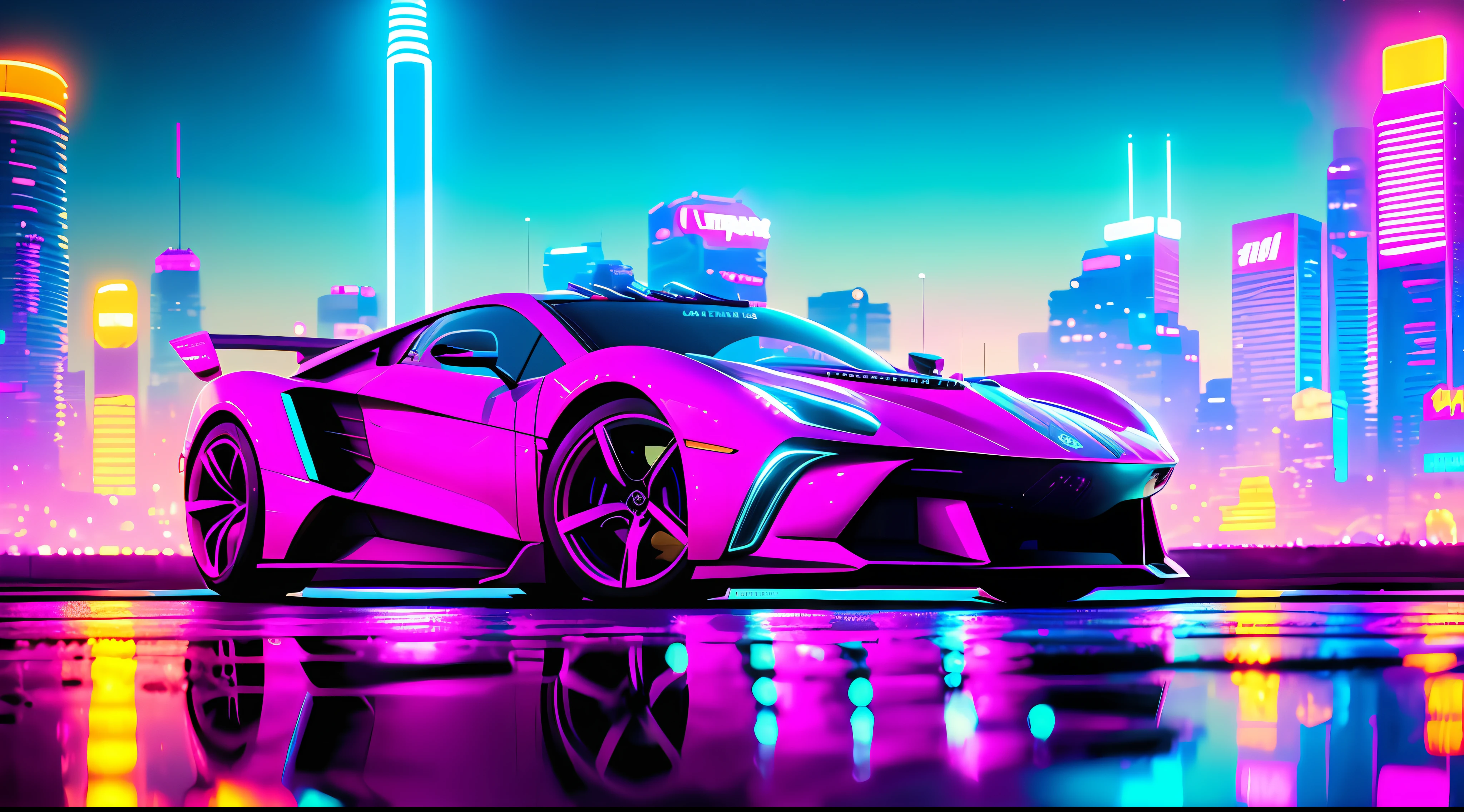 swpunk, synthwave, paint splatters, (extremely detailed 8k wallpaper), a medium shot photo of a futuristic concept car parked in an elaborate cyberpunk city, ray tracing, detailed reflections, Intricate, High Detail, dramatic, best quality masterpiece, photorealistic, detailed, 8k, HDR, backlighting, bloom, light sparkles, chromatic aberration, sharp focus