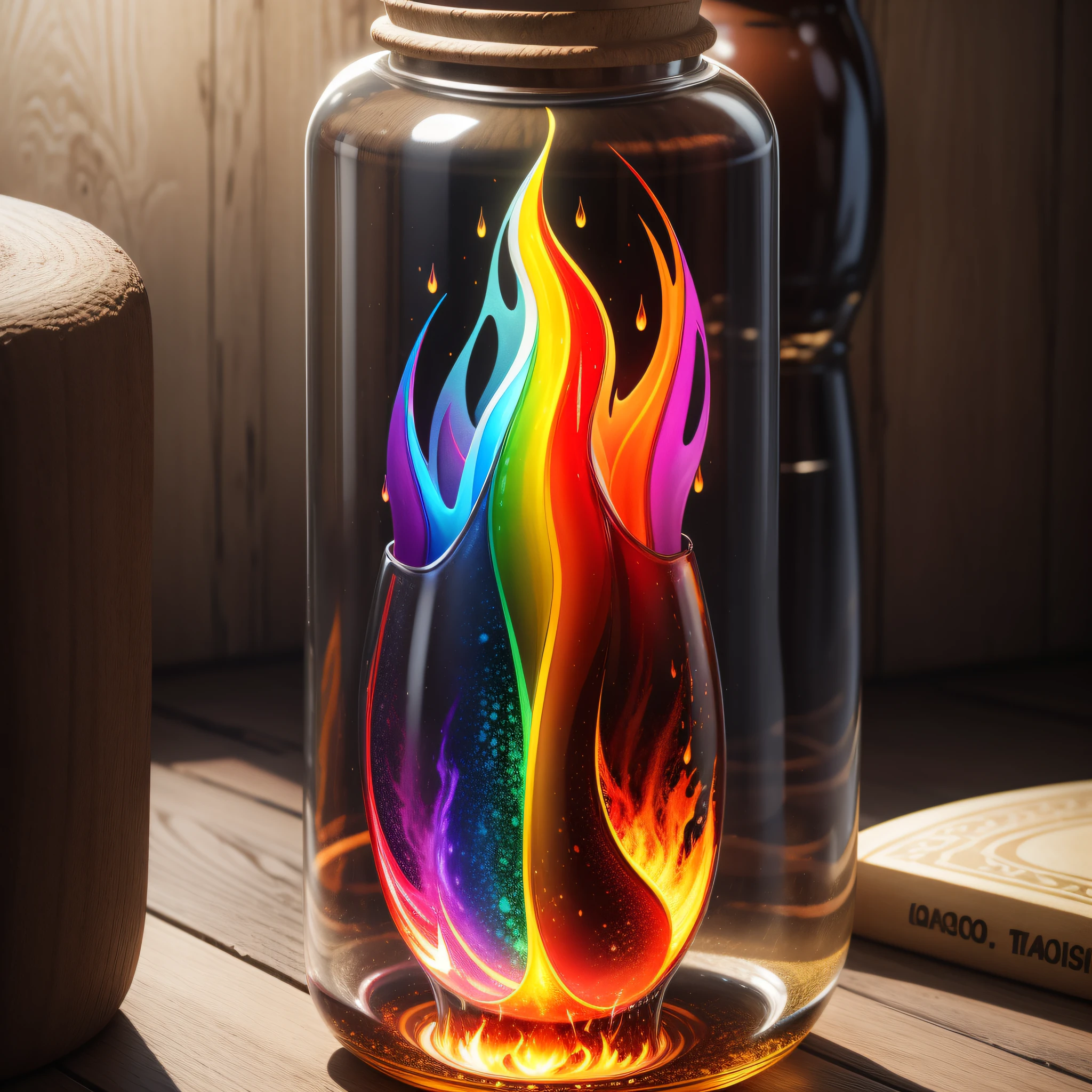 rainbow flame trapped in a masterpiece glass bottle which is wide, 8k , detailed, high quality ,flawless, masterpiece