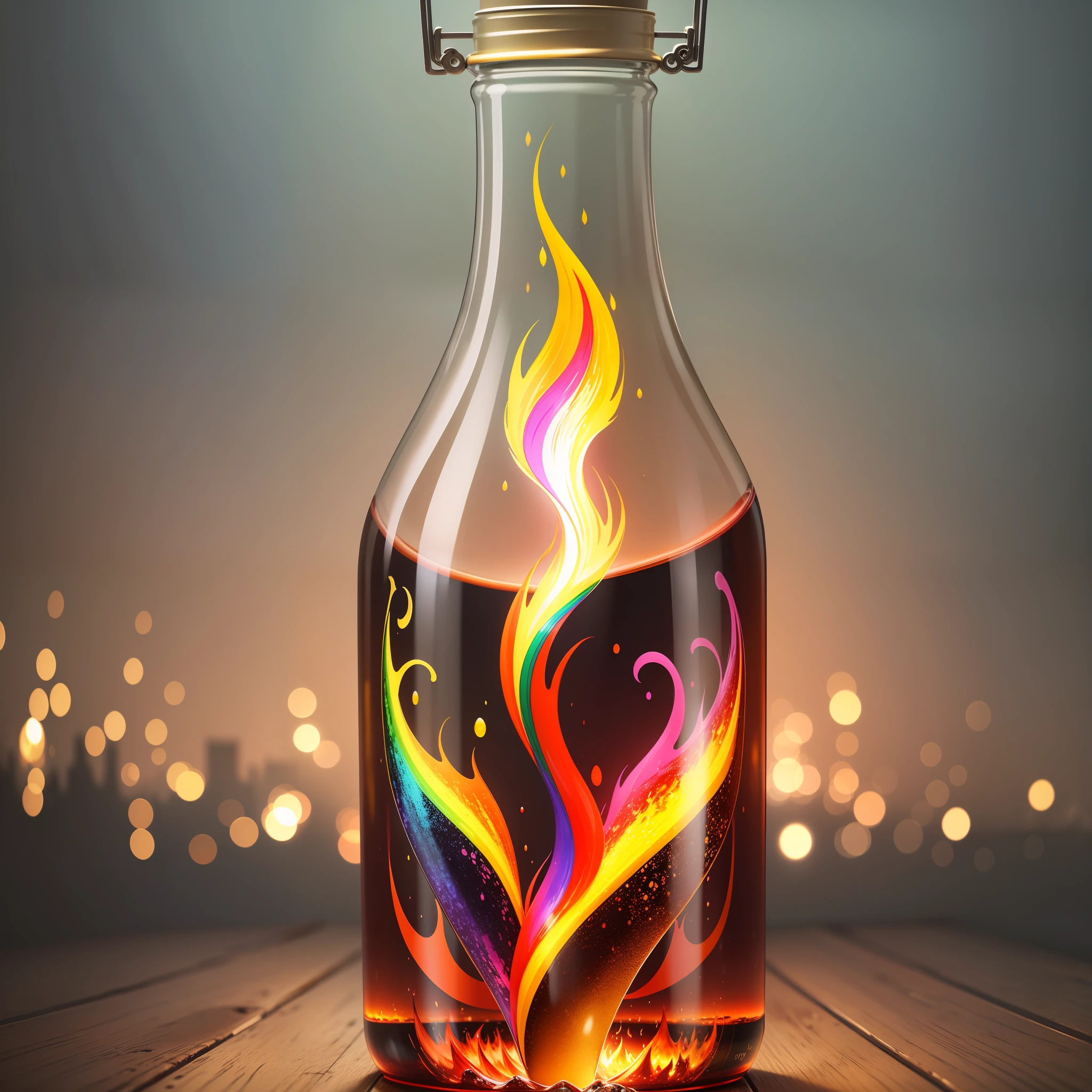 rainbow flame trapped in a masterpiece glass bottle which is wide, 8k , detailed, high quality ,flawless, masterpiece