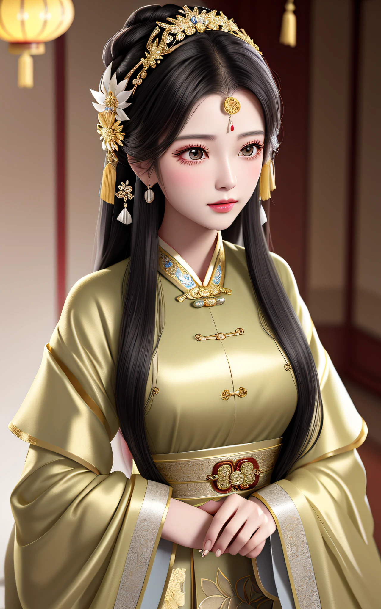 best quality, masterpiece, high resolution, 1girl, chinese wedding dress, hair accessories, necklaces, jewelry, beautiful face, upon_body, tyndall effect, realistic, dark studio, edge lighting, two-tone lighting, (high detail skin: 1.2), 8k UHD, DSLR camera, soft lighting, high quality, volumetric lighting, frankness, photo, high resolution, 4k, 8k, bokeh, a beautiful woman in ancient Chinese costume dressed in white with a gold band in her hair, black hair and black eyes, straight facial features, The skin is white and tender, the expression is gentle, and he looks into the distance. Her hair was coiled in a bun, her head was decorated with elaborate hair ornaments, and her sides were tied with taupe gold silk hairbands that hung down and had bead tassels at the ends. The whole standing painting presents a 2.5-dimensional style, with smooth lines, clear contours, and full shapes, showing the grace and nobility of this ancient beauty