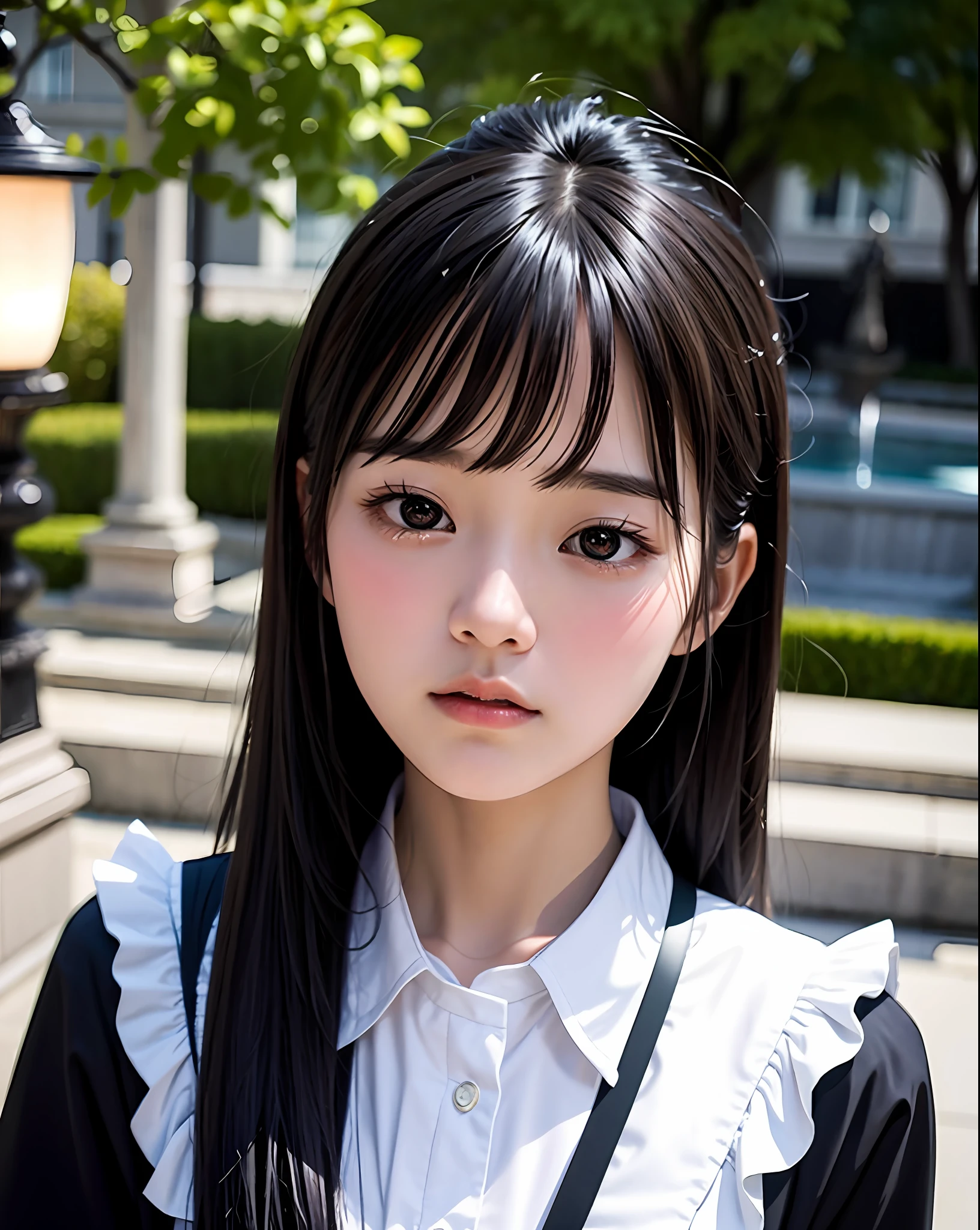 Masterpiece, best picture quality, beautiful girl, 15 years old, long hair, black hair, bangs, black cat suit, student, white blouse, from waist up, up close, park (night), moonlight, fountain, street lamp, detailed eyes, big eyes, puffy eyes, depressed expression, facing front, realistic photo, real photo, double eyelids, Japanese girl, beautiful Asian girl, crying expression, facing straight on, close up, white blouse with black lines, black bow tie,