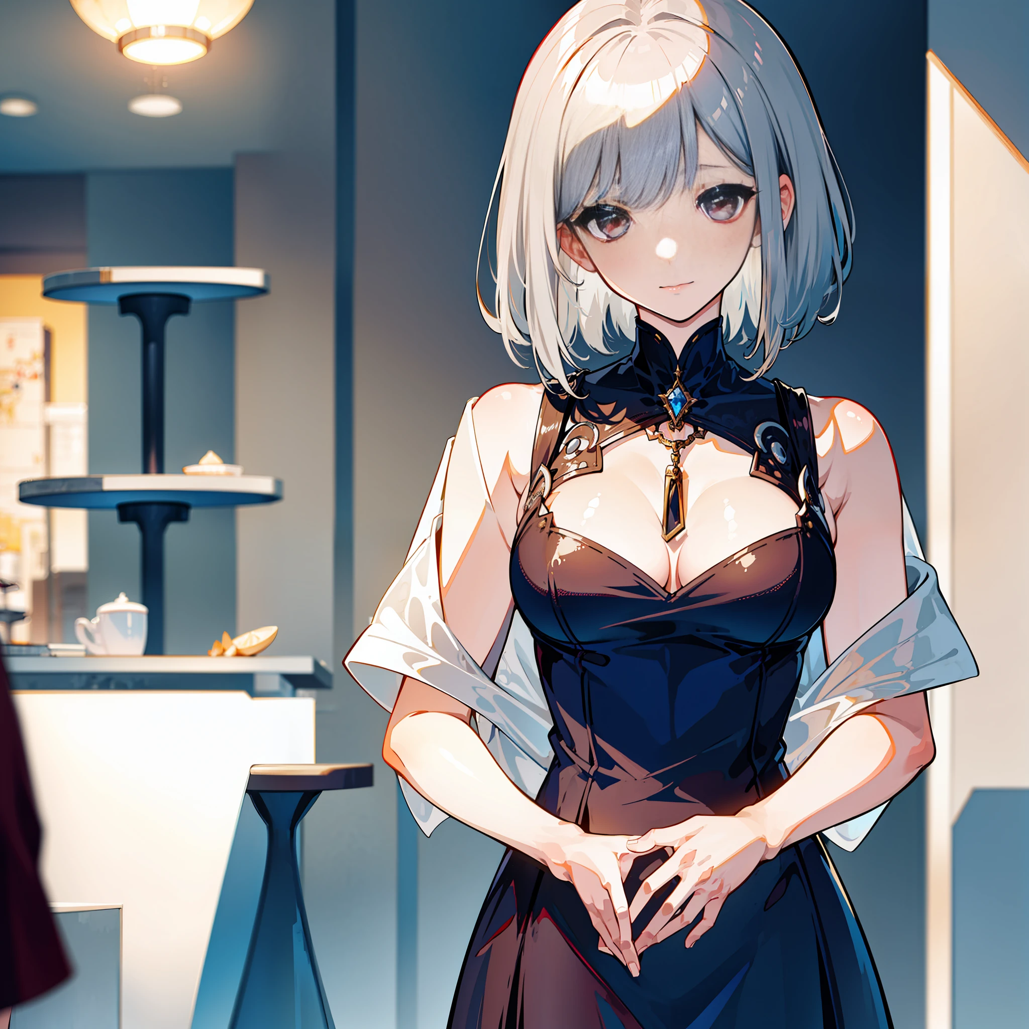 girls, stylish, silver-haired, short-haired, red uniform, café,