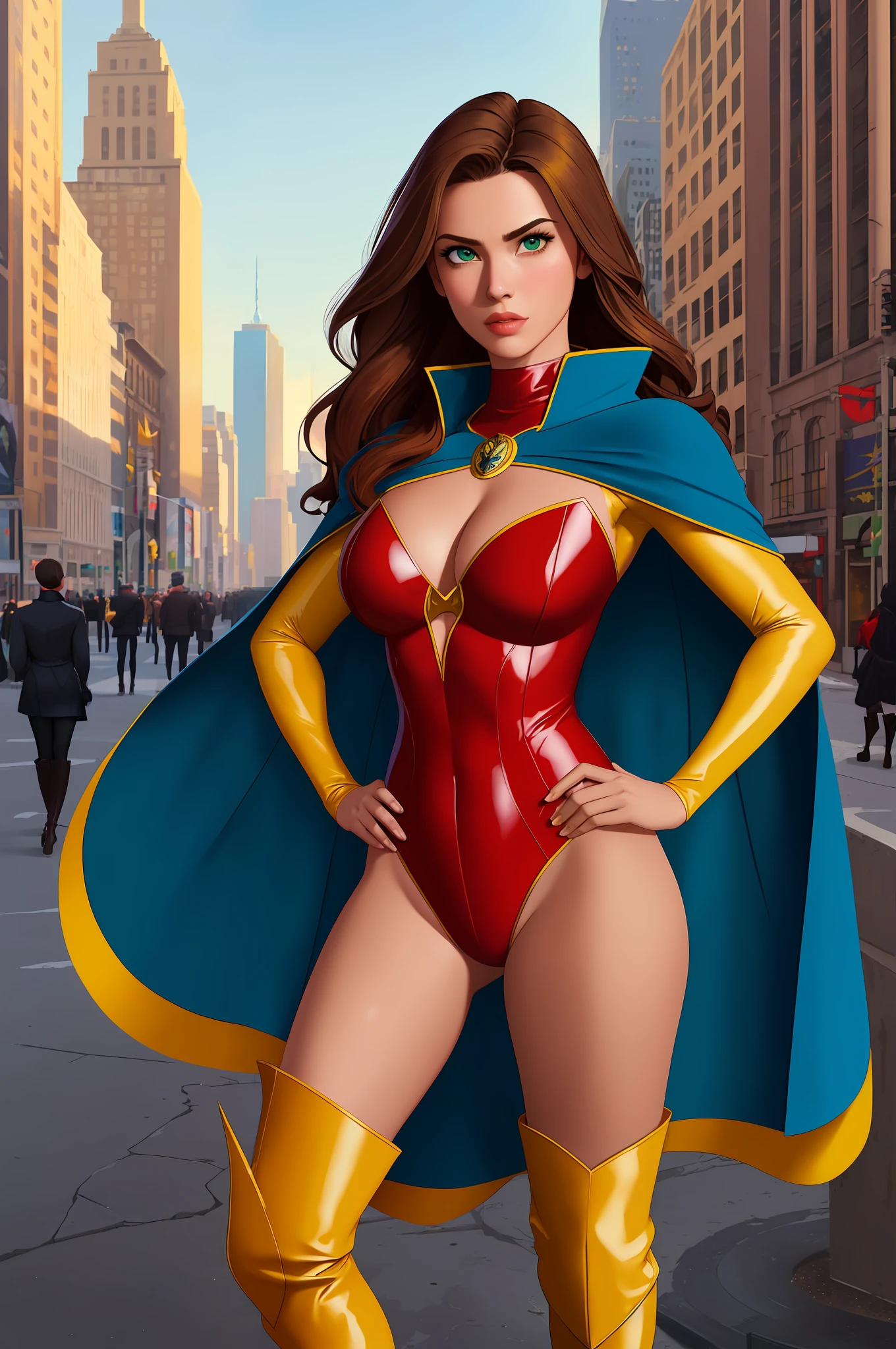 ((best quality)), ((masterpiece)), ((ultra realistic)), (dynamic heroic pose), ((solo)), american, beautiful detailed face, detailed eyes, sexy reporter, (red leotard, long sleeves), new york city backdrop, highly detailed, professional, bare legs, (full body costume design), hands on hip, standing, brown hair, medium hair, green eyes, (thigh-high matching boots), (yellow hawk-shaped crest engraved on chest), blue cape, medium cleavage cutout, turtleneck