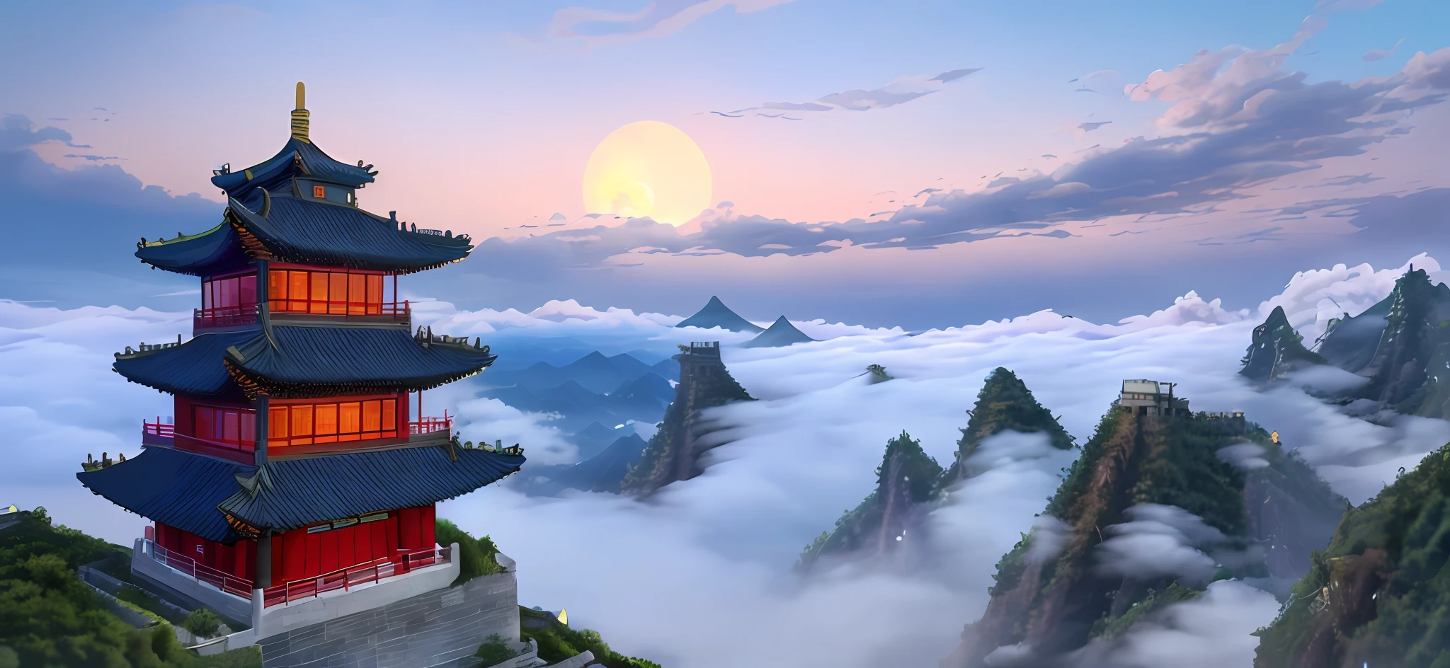 Clouds, sky, night, ancient Chinese buildings, exquisite and real, castles in the sky, mountains, plants, falling flowers, fairy air fluttering, fairy online game, void fog, heavenly court, moonlight
