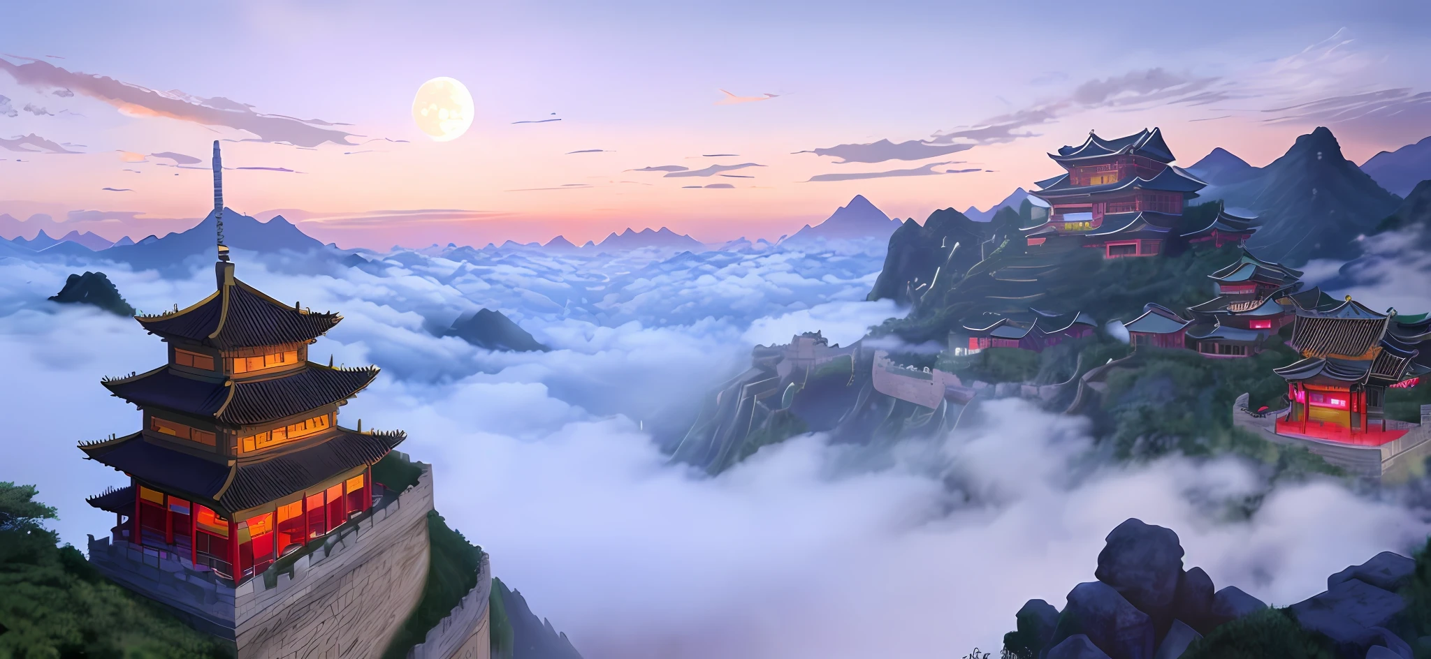 Clouds, sky, night, ancient Chinese buildings, exquisite and real, castles in the sky, mountains, plants, falling flowers, fairy air fluttering, fairy online game, void fog, heavenly court, moonlight